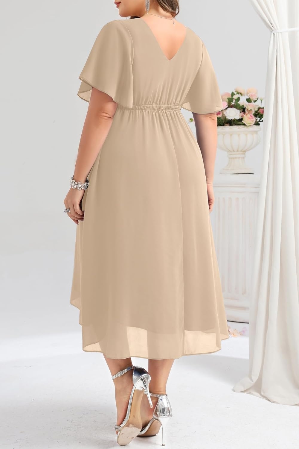 TALISEA Plus Size Dresses Wedding Guest – Formal Cocktail Chiffon Appliques V Neck Ruffle Short Sleeve High Low Dress Women(Champagne)