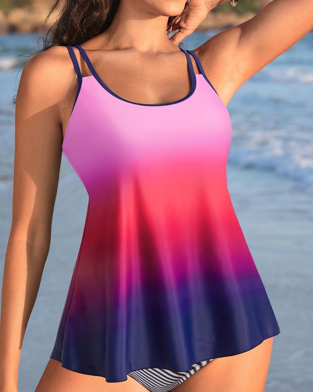 Womens Flowy Tankini Tops Only – Modest Bathing Suit Loose Fit Swimsuit Swim Tops No Bottom 2025 (Available in Plus)(Pink Gradient)
