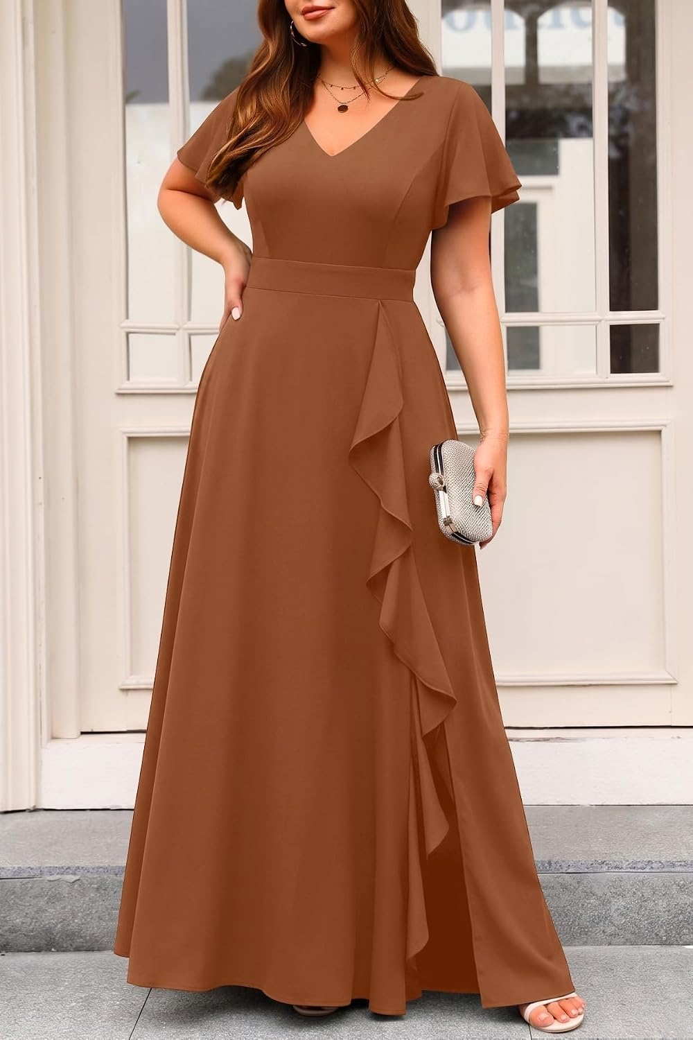 Talisea Plus Size Formal Dresses – V Neck Ruffle Sleeve High Slit Prom Cocktail Wedding Guest Evening Party Gown Dress(Coffee)