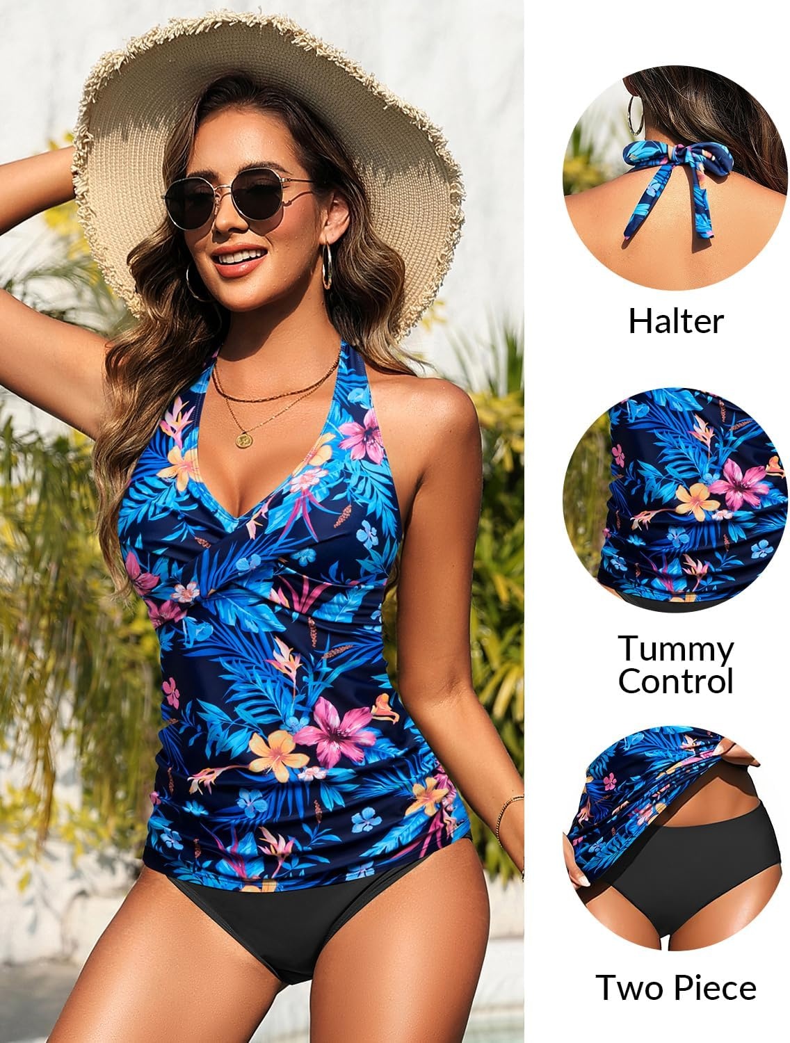 Womens Halter Tankini Swimsuit – Tummy Control Bathing Suit Two Piece Swimsuit V Neck Swimwear 2025(Blue Floral)