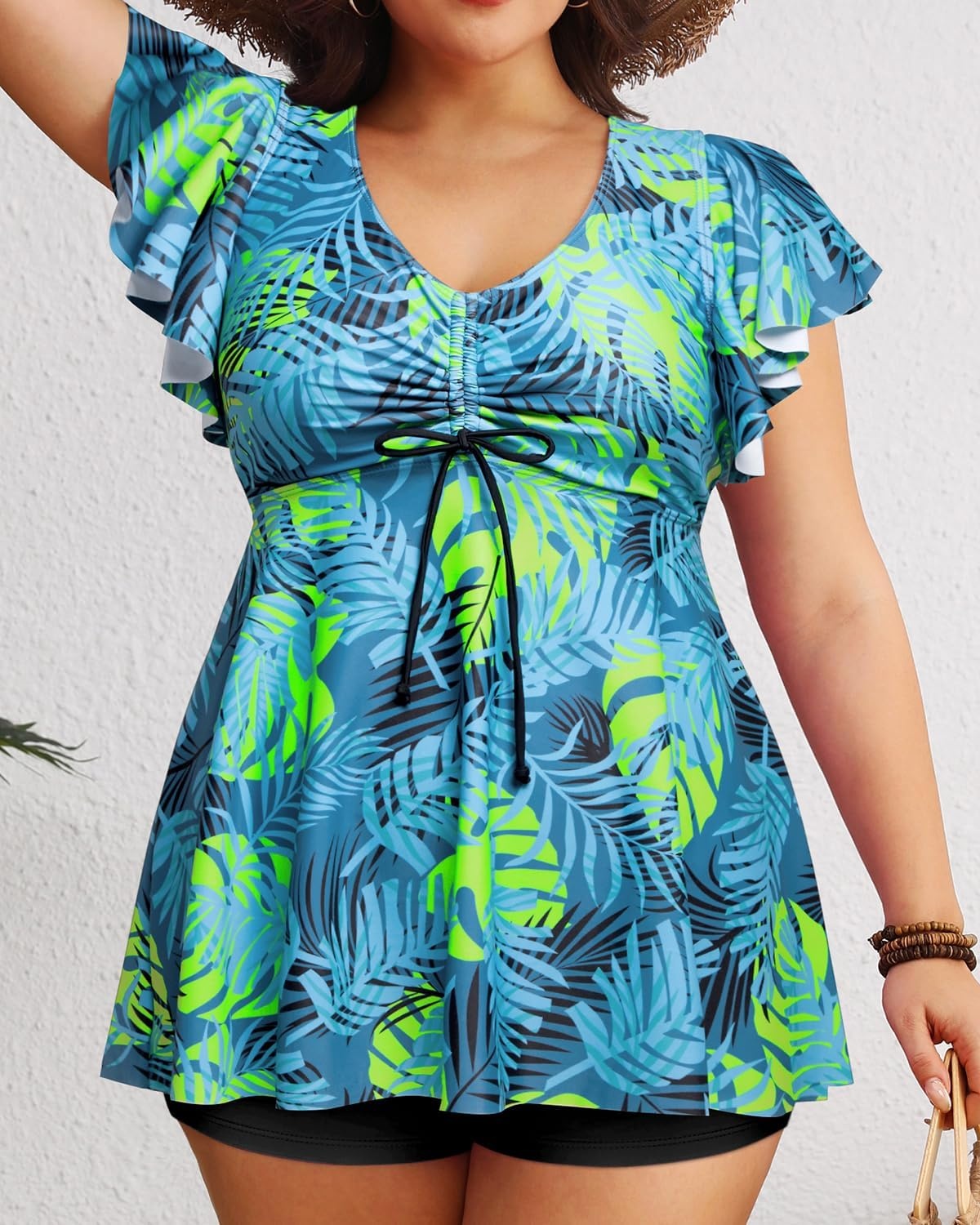 Plus Size Tankini Swimsuits – Women Two Piece Bathing Suit with Shorts Swimwear Ruffle Sleeve 2025(Blue Leaf)