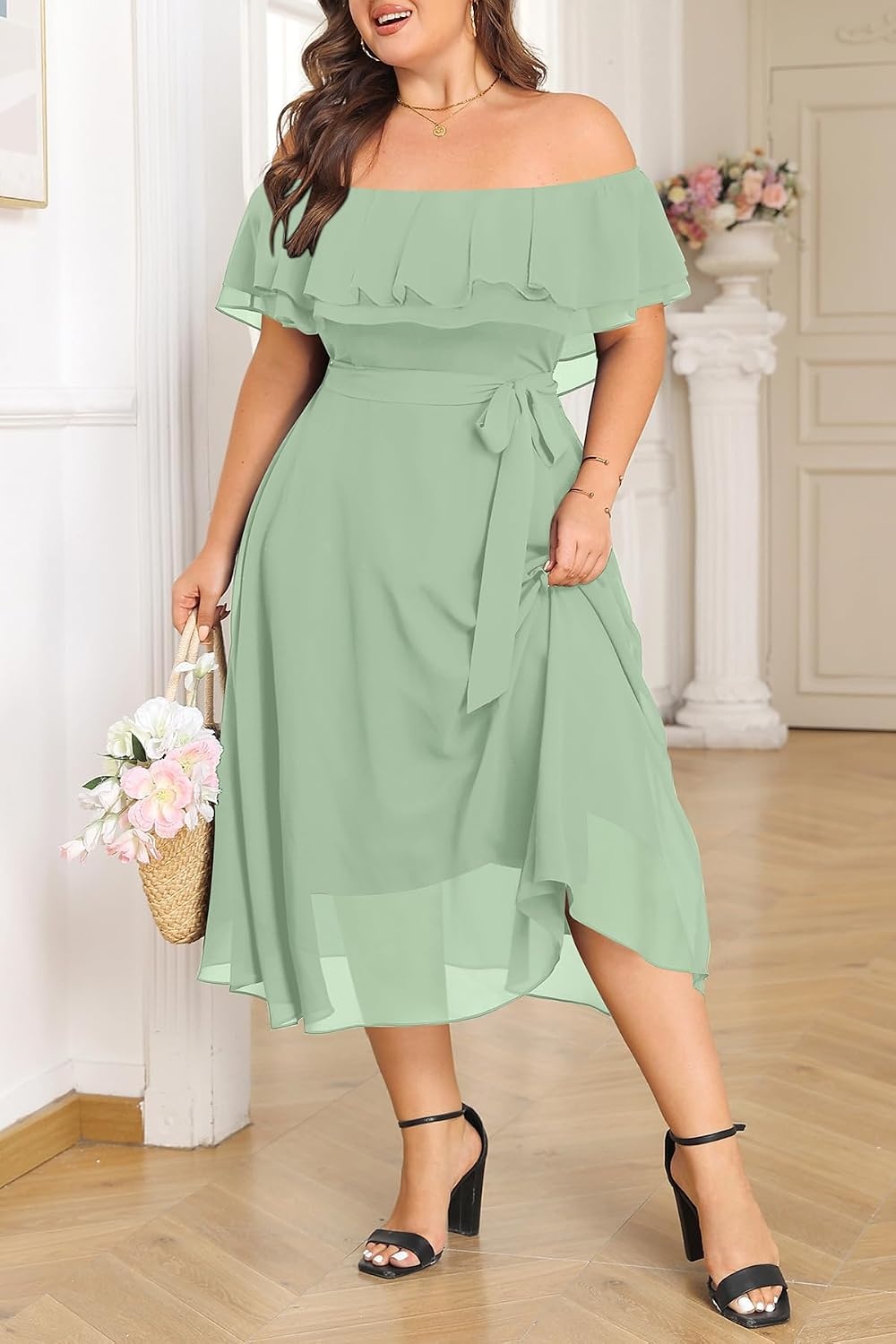 Talisea Sage Green Dress Plus Size Wedding Guest Cocktail Bridesmaid Formal Ruffle Off the Shoulder Chiffon Midi Dresses Women