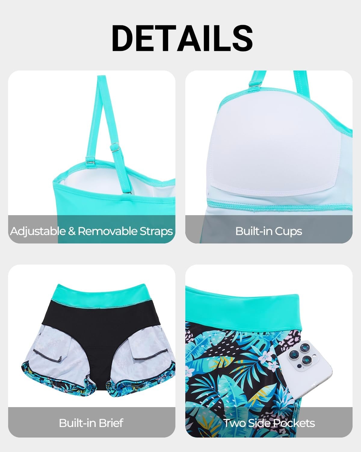 Women’s Tankini Swimsuits with Shorts – Two Piece Tummy Control Bathing Suit Twist Bandeau Swimwear with Pockets 2025(Aqua Leaves)