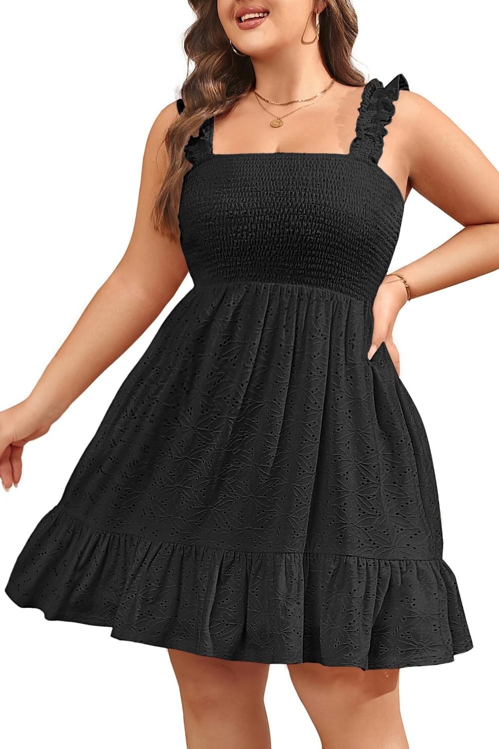 Talisea Womens Plus Size Eyelet Square Neck Smocked Summer Sundress(Black)