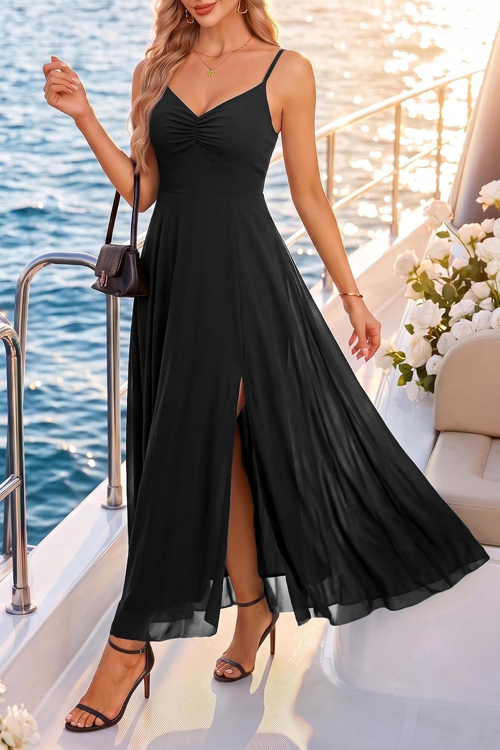 Summer Wedding Guest Dress Spaghetti Strap Formal A Line Maxi Dresses Women(Black)