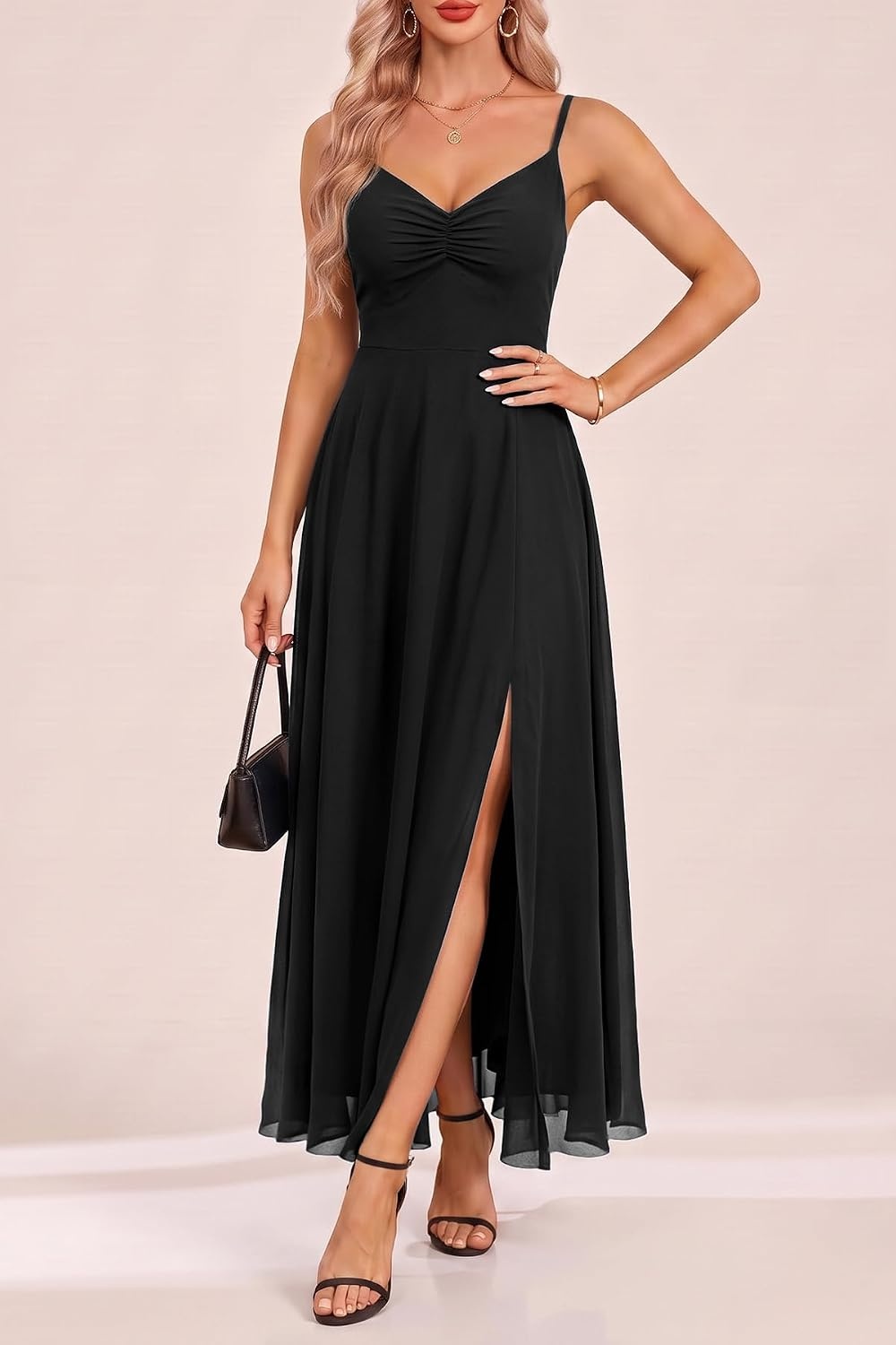 Summer Wedding Guest Dress Spaghetti Strap Formal A Line Maxi Dresses Women(Black)