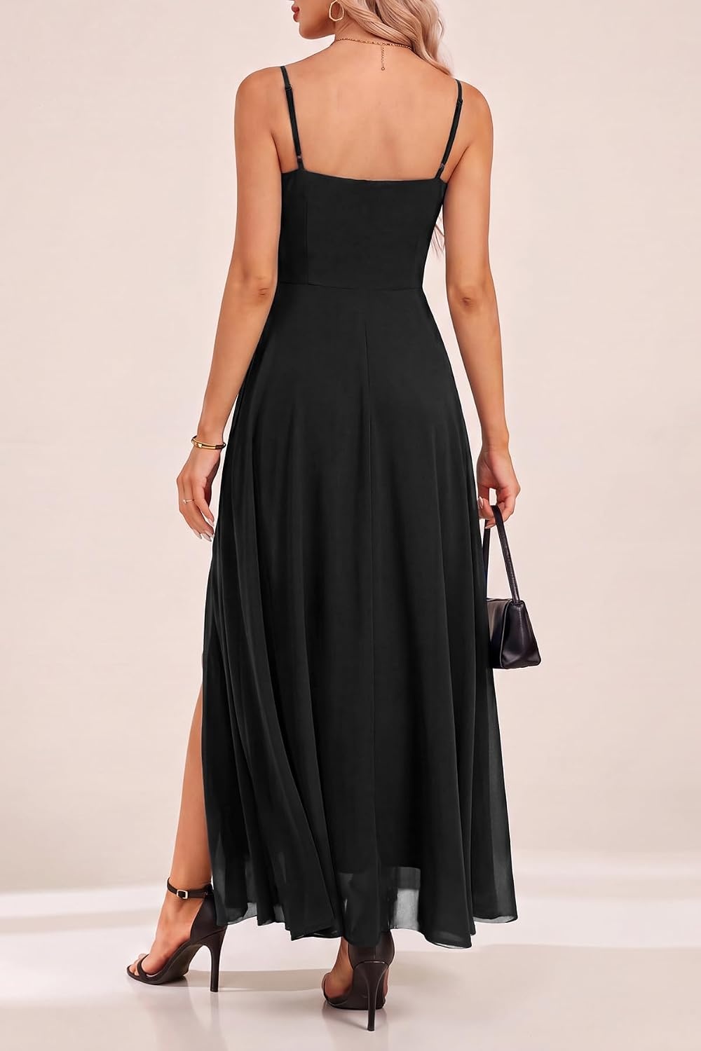 Summer Wedding Guest Dress Spaghetti Strap Formal A Line Maxi Dresses Women(Black)