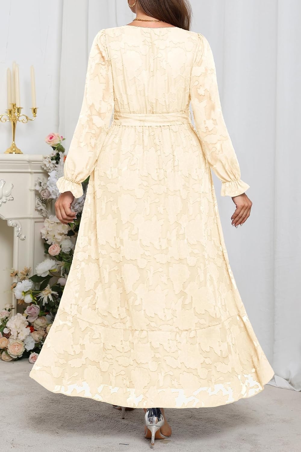 Plus Size Dresses Wedding Guest Fall Floral Wrap V Neck Maxi Dress Women(Beige)