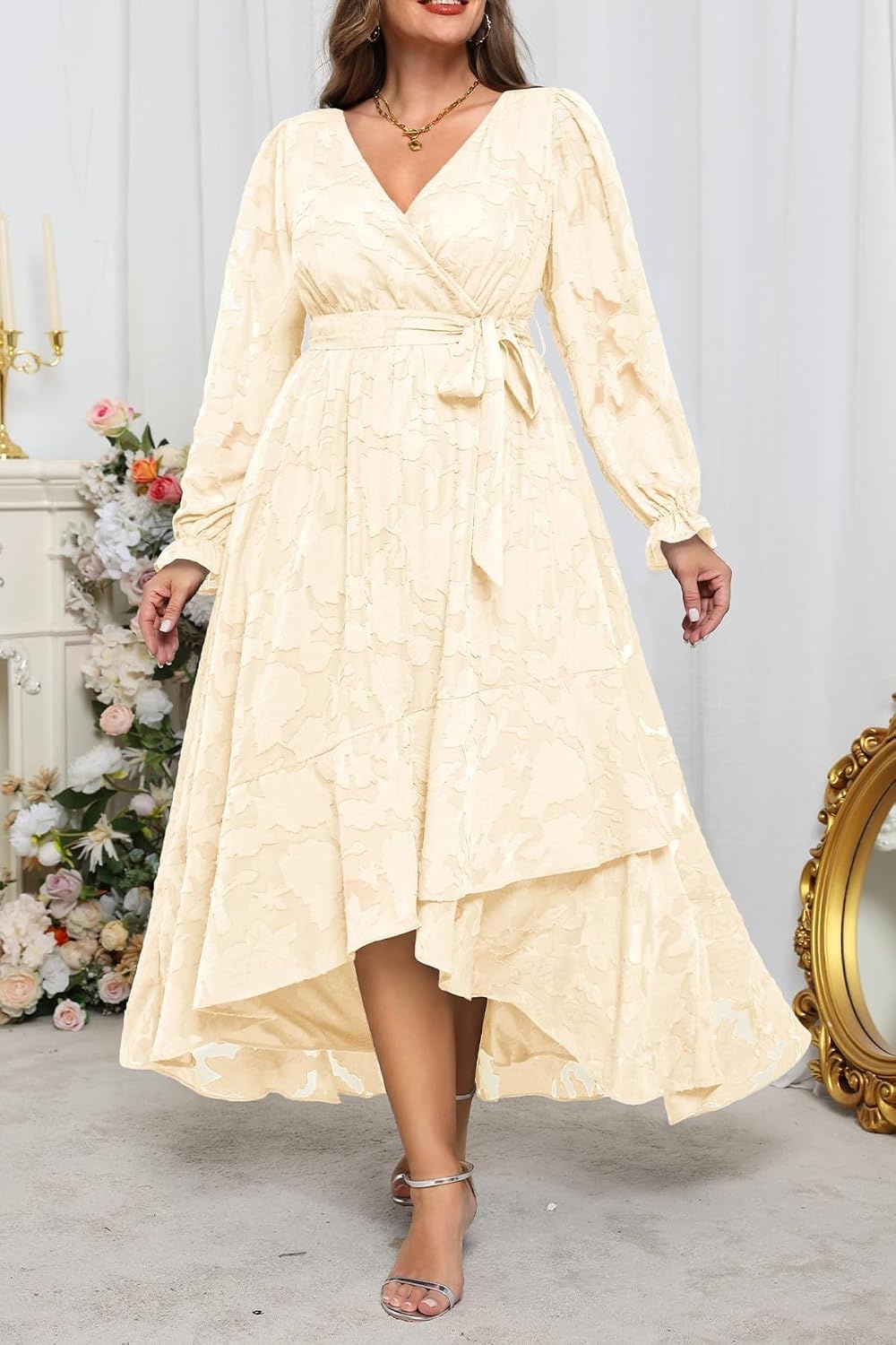 Plus Size Dresses Wedding Guest Fall Floral Wrap V Neck Maxi Dress Women(Beige)