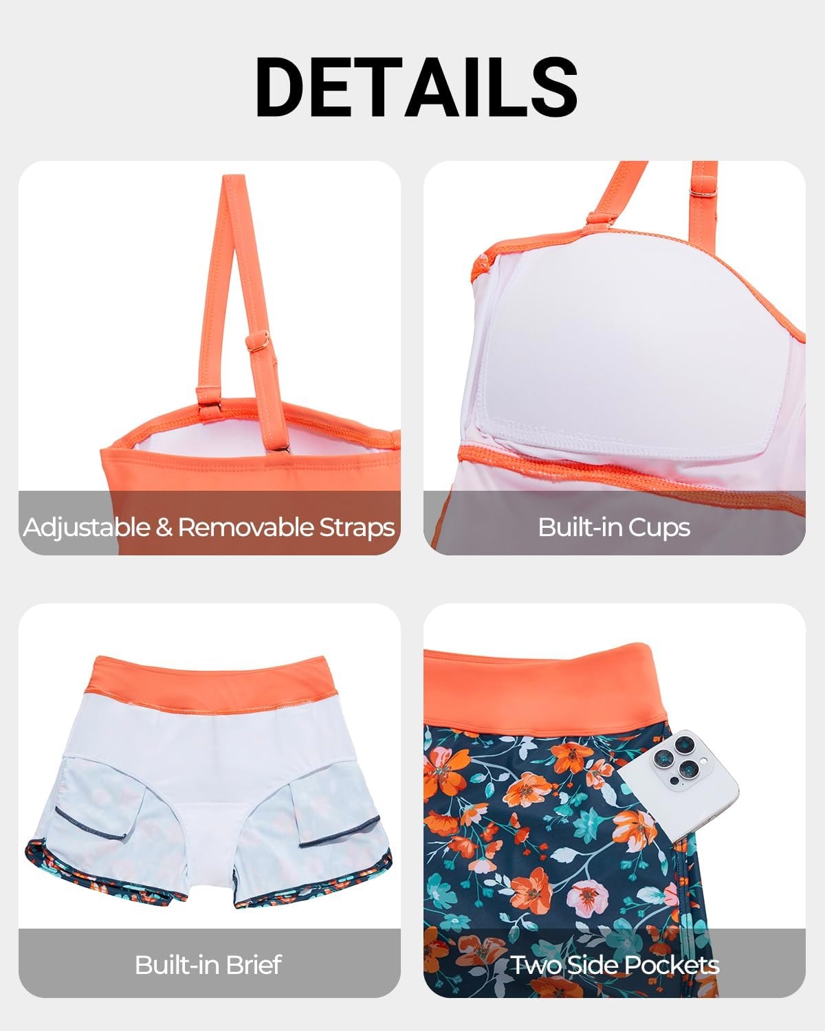 Women’s Tankini Swimsuits with Shorts – Two Piece Tummy Control Bathing Suit Twist Bandeau Swimwear with Pockets 2025(Orange Floral)