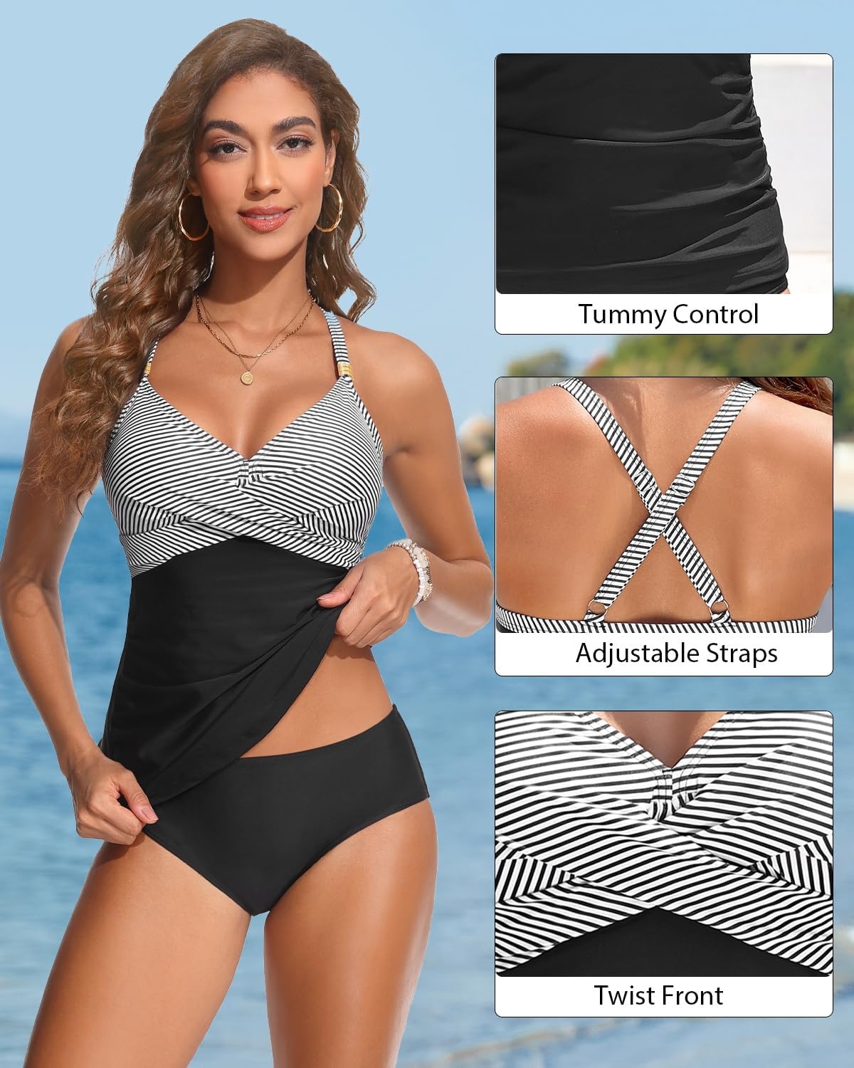 Women’s Tankini Swimsuits – Two Piece Swimsuit Tummy Control Bathing Suit 2025 Twist V Neck Swimwear(Black Stripe)