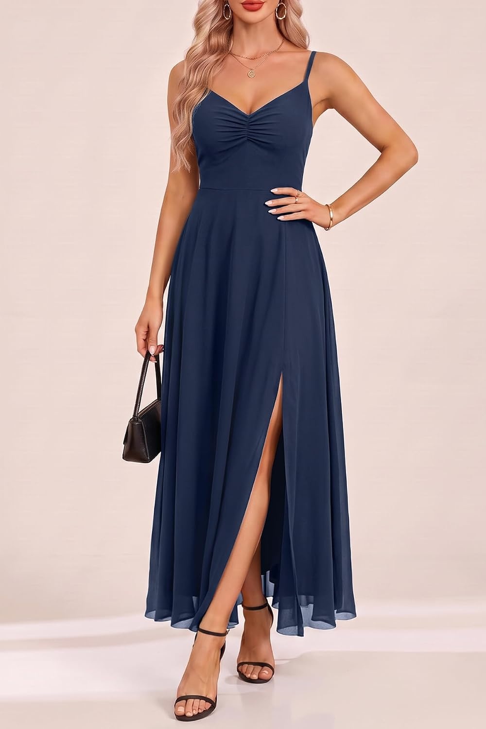 Summer Wedding Guest Dress Spaghetti Strap Formal A Line Maxi Dresses Women(Navy Blue)