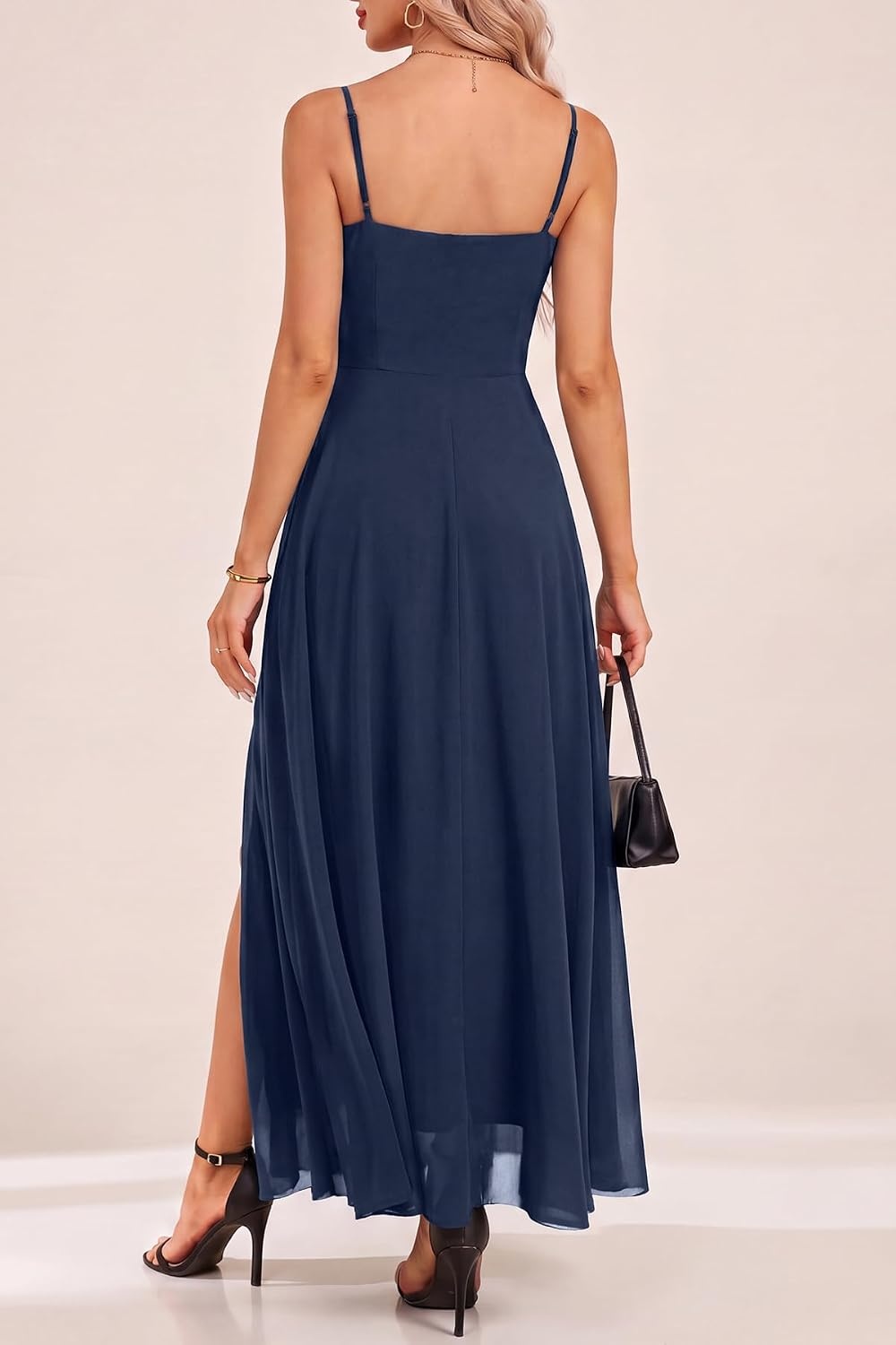 Summer Wedding Guest Dress Spaghetti Strap Formal A Line Maxi Dresses Women(Navy Blue)