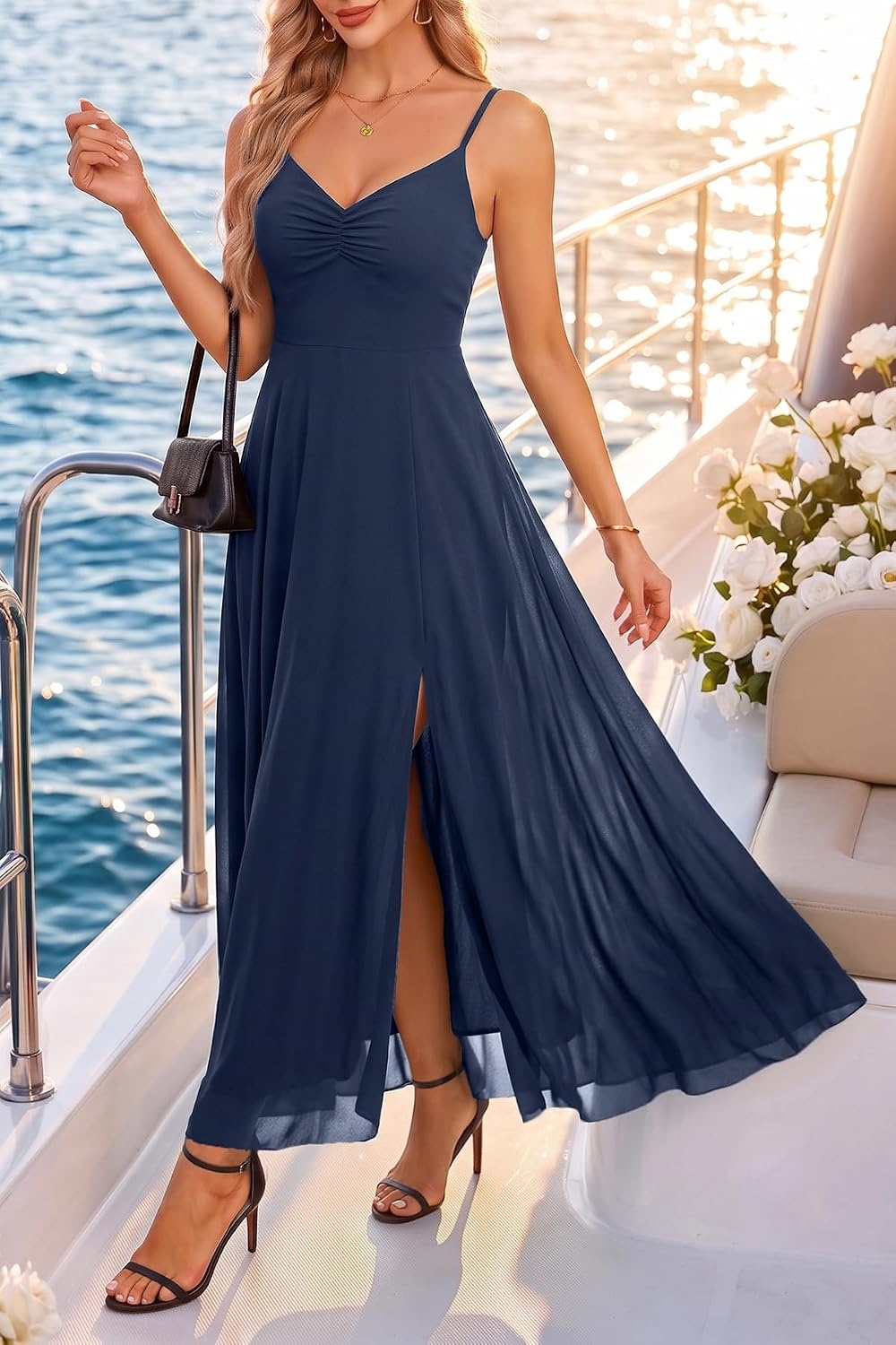 Summer Wedding Guest Dress Spaghetti Strap Formal A Line Maxi Dresses Women(Navy Blue)