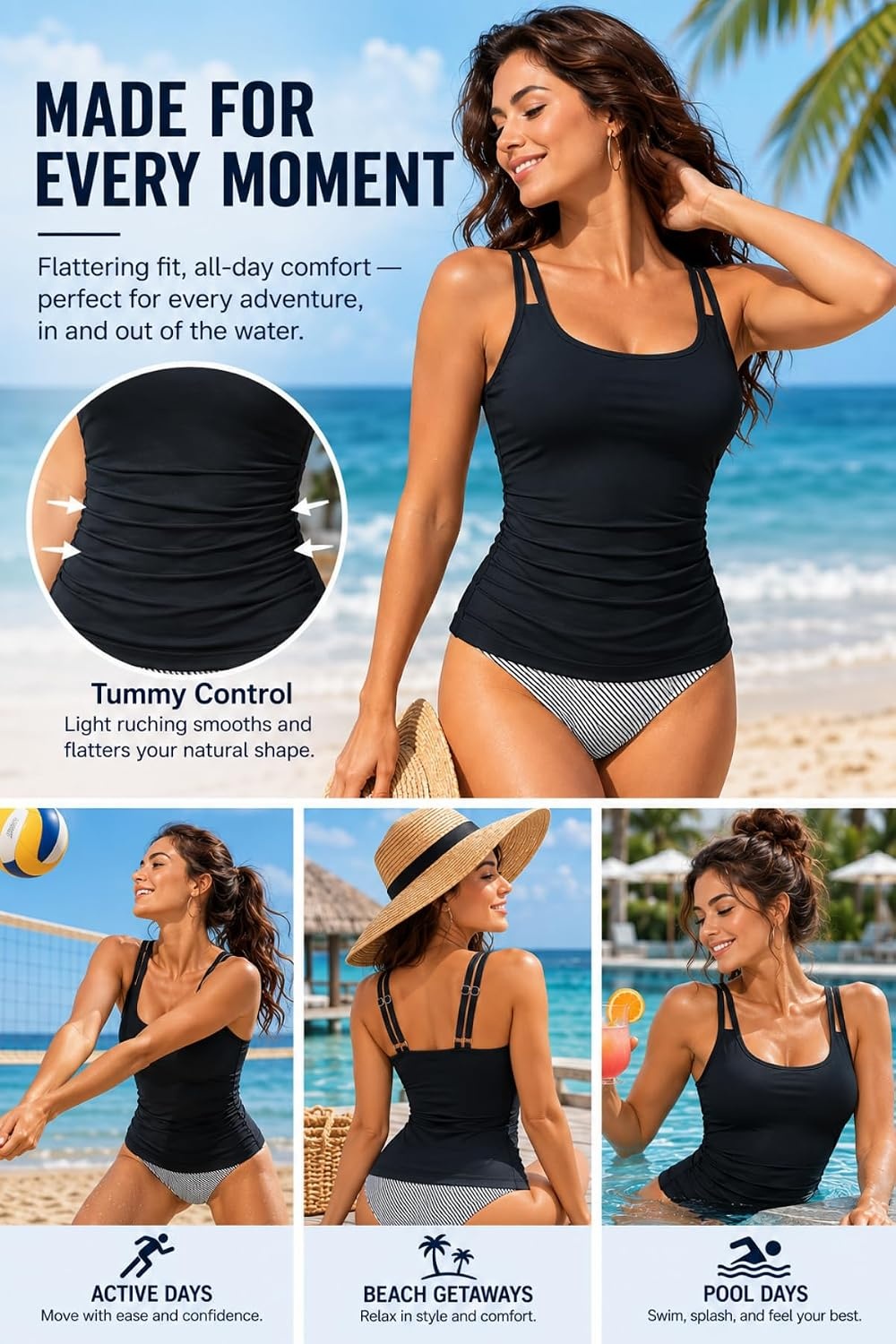 Women Tankini Swim Top Only – Tummy Control Swimsuit Bathing Suit Top | Smooths your tummy for a flattering fit Adjustable straps for a customized feel Removable pads for customizable coverage(Black)