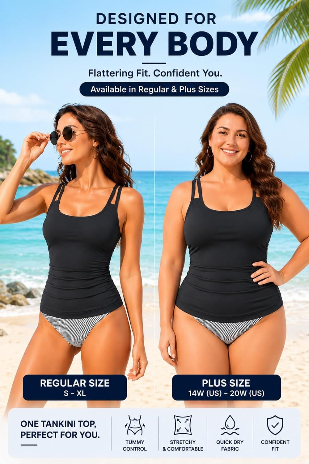 Women Tankini Swim Top Only – Tummy Control Swimsuit Bathing Suit Top | Smooths your tummy for a flattering fit Adjustable straps for a customized feel Removable pads for customizable coverage(Black)