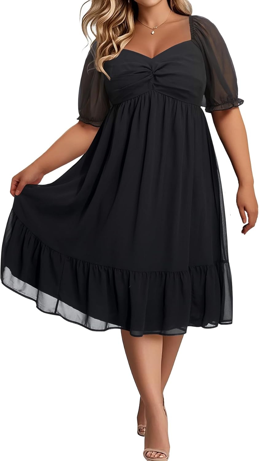 Talisea Plus Size Dresses Sweetheart Neckline Long Sleeves Chiffon Party Cocktail A Line Curvy Womens Midi Dress(Short Sleeves-black)