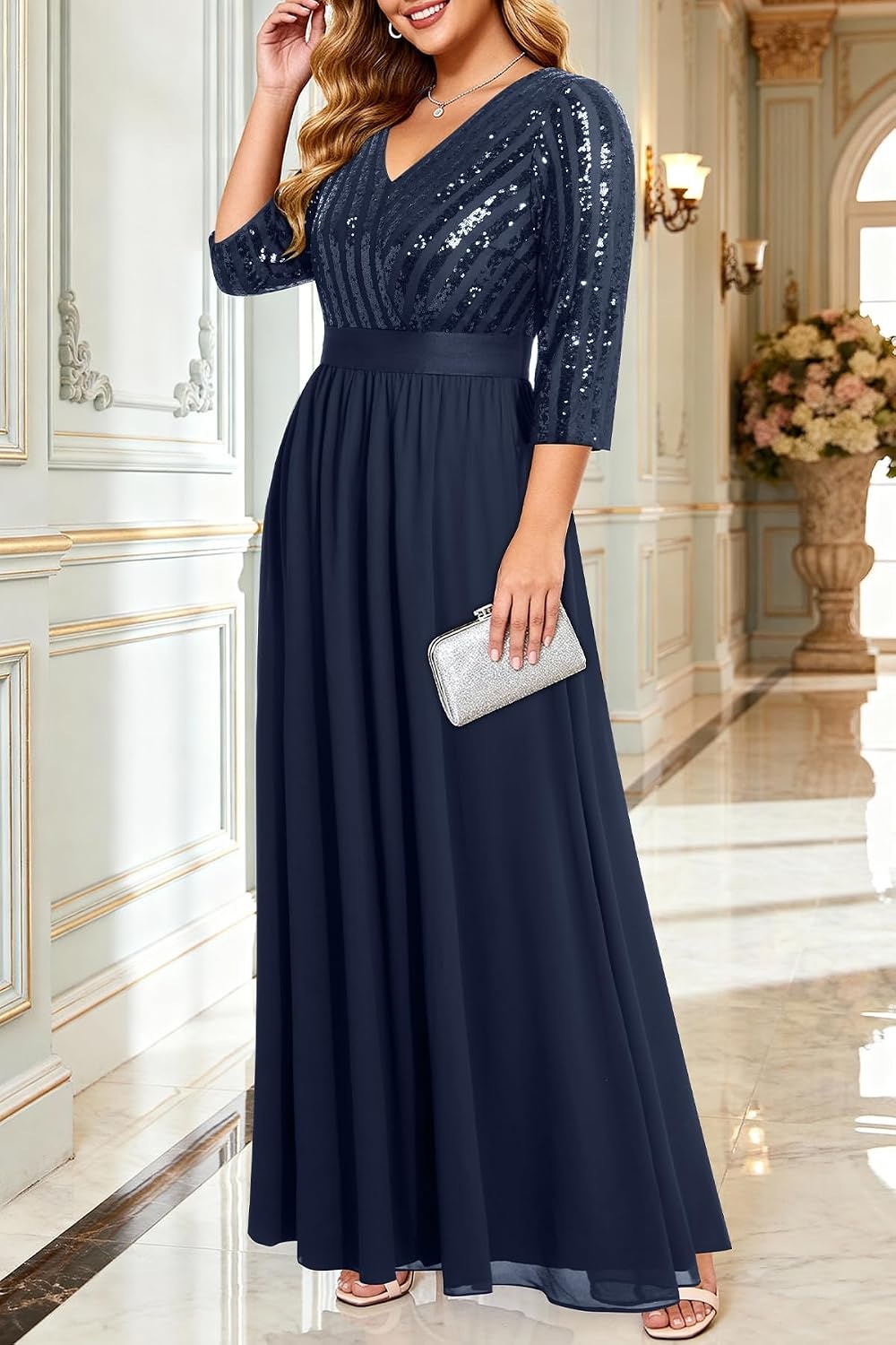 Plus Size Formal Dresses V Neck 3/4 Sleeve Sequin Prom Evening Maxi Dress | Sequin fabric, V neck 3/4 sleeve design, plus size formal prom wedding guest evening dress(Navy Blue)