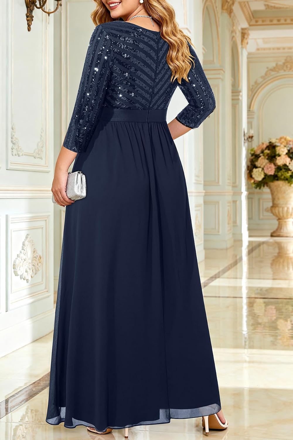 Plus Size Formal Dresses V Neck 3/4 Sleeve Sequin Prom Evening Maxi Dress | Sequin fabric, V neck 3/4 sleeve design, plus size formal prom wedding guest evening dress(Navy Blue)