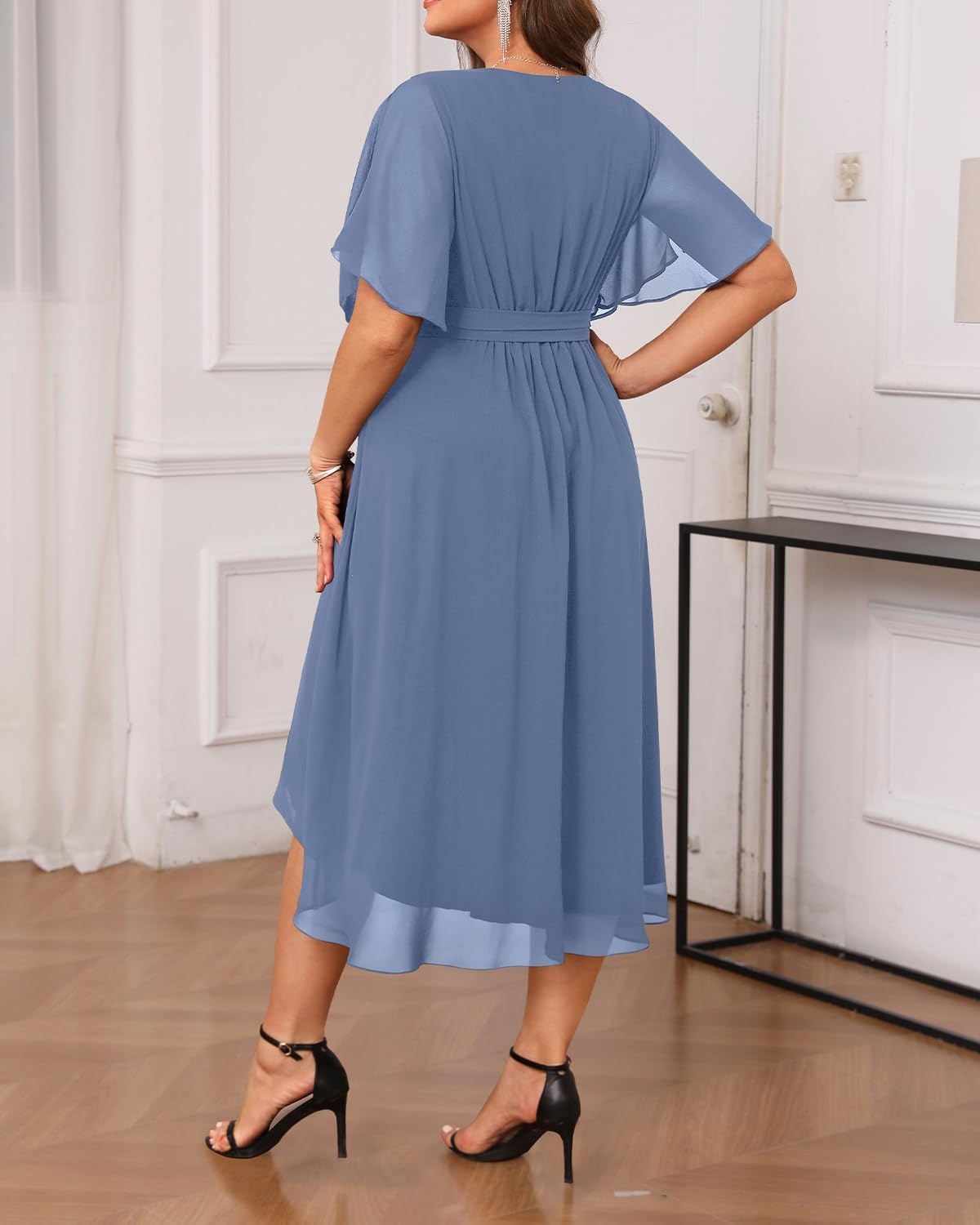 Plus Size Dresses Wedding Guest Formal Chiffon Short Sleeve High Low Dress(Dusty Blue)