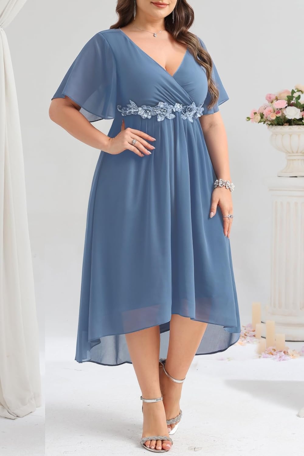 TALISEA Plus Size Dresses Wedding Guest – Formal Cocktail Chiffon Appliques V Neck Ruffle Short Sleeve High Low Dress Women(Grey Blue)