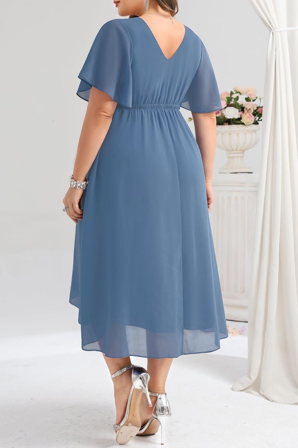TALISEA Plus Size Dresses Wedding Guest – Formal Cocktail Chiffon Appliques V Neck Ruffle Short Sleeve High Low Dress Women(Grey Blue)