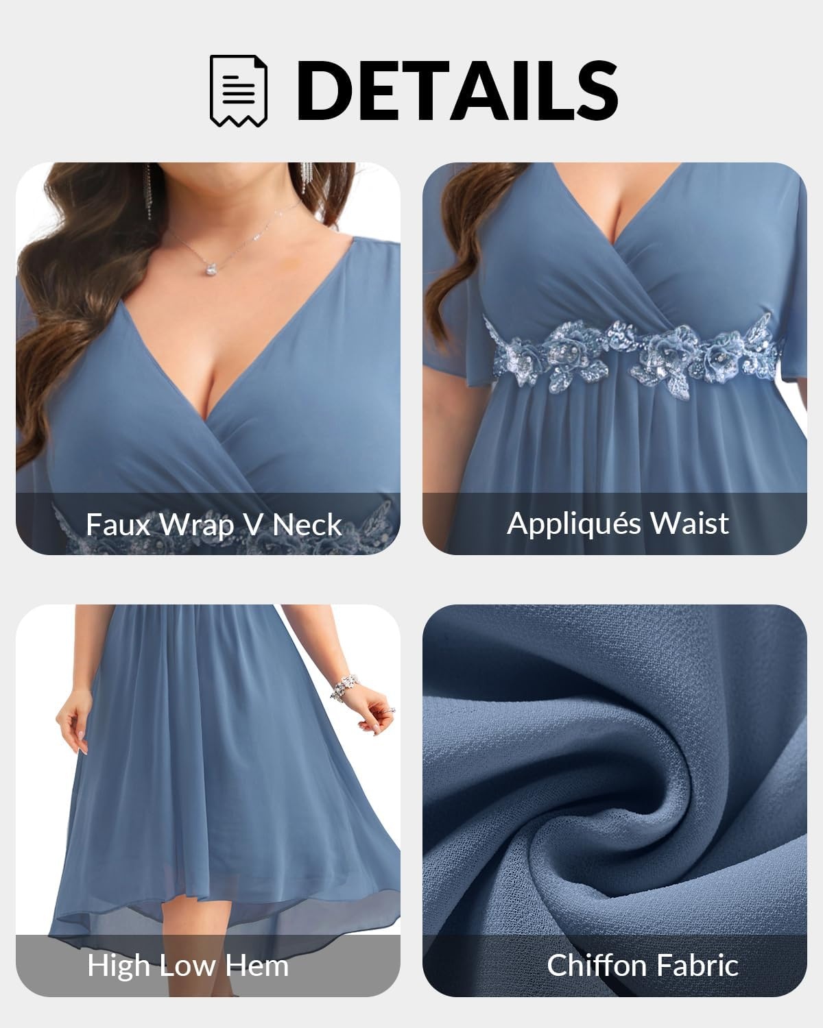 TALISEA Plus Size Dresses Wedding Guest – Formal Cocktail Chiffon Appliques V Neck Ruffle Short Sleeve High Low Dress Women(Grey Blue)