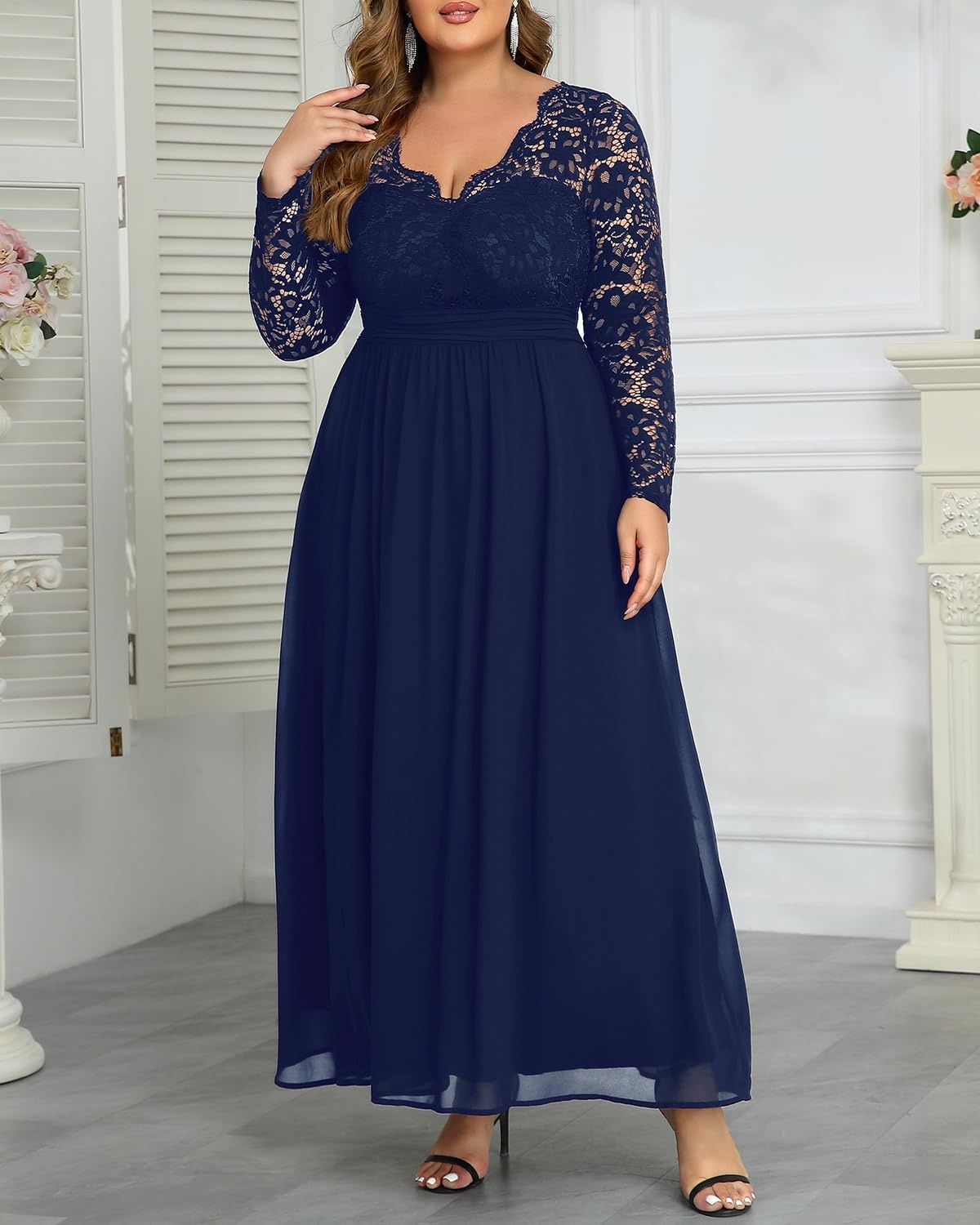 Plus Size Formal Dress V-Neck Lace Chiffon Maxi Wedding Guest Gown | Flattering Double V-Neck, Lace Sleeves, Empire Front & Smocked Back Waist, Chiffon Maxi Dress for Bridesmaids & Formal Events(Navy Blue)