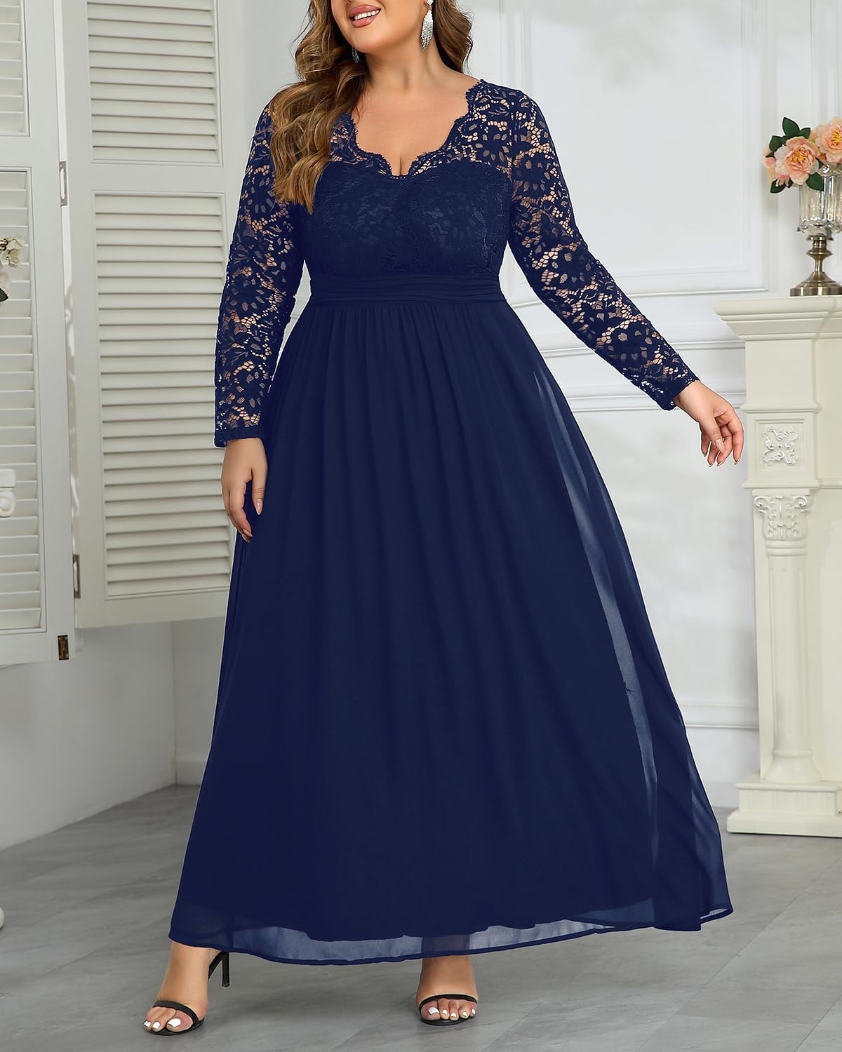 Plus Size Formal Dress V-Neck Lace Chiffon Maxi Wedding Guest Gown | Flattering Double V-Neck, Lace Sleeves, Empire Front & Smocked Back Waist, Chiffon Maxi Dress for Bridesmaids & Formal Events(Navy Blue)