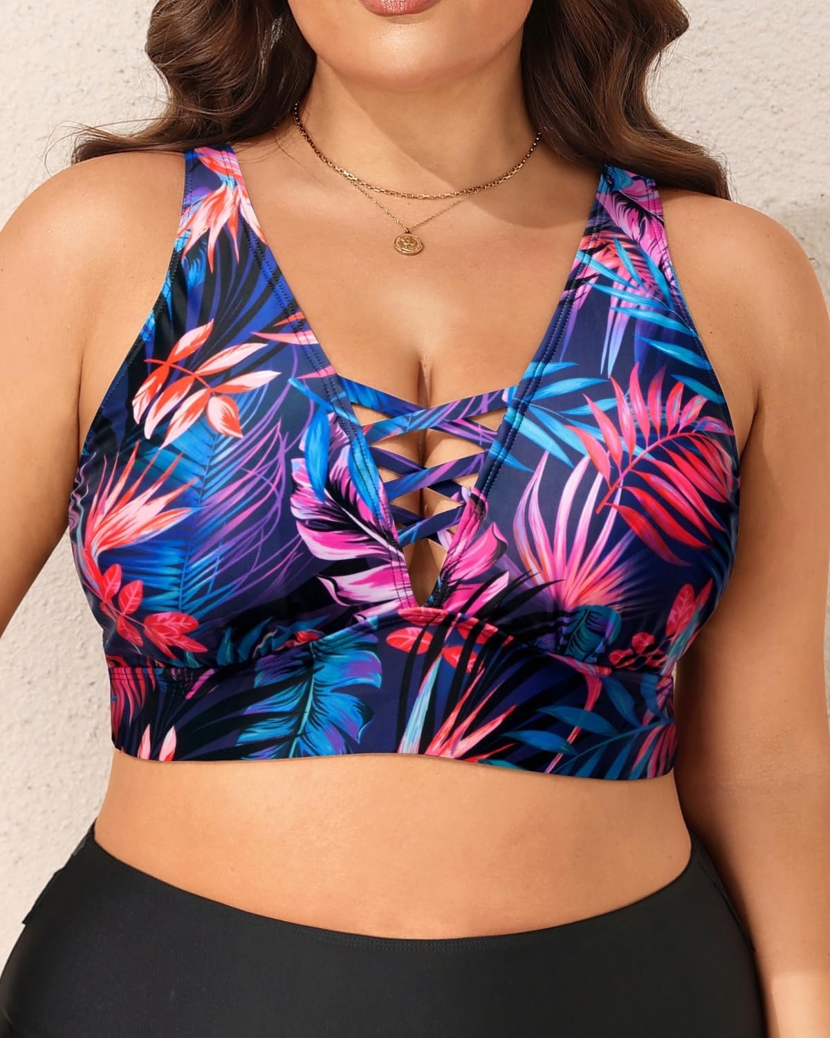 Plus Size Bikini Top Only – Women Swim Bra Lace Up Swimsuit Top V Neck Bathing Suit Tops for Large Bust Swimwear 2025(Colorful Leaves)