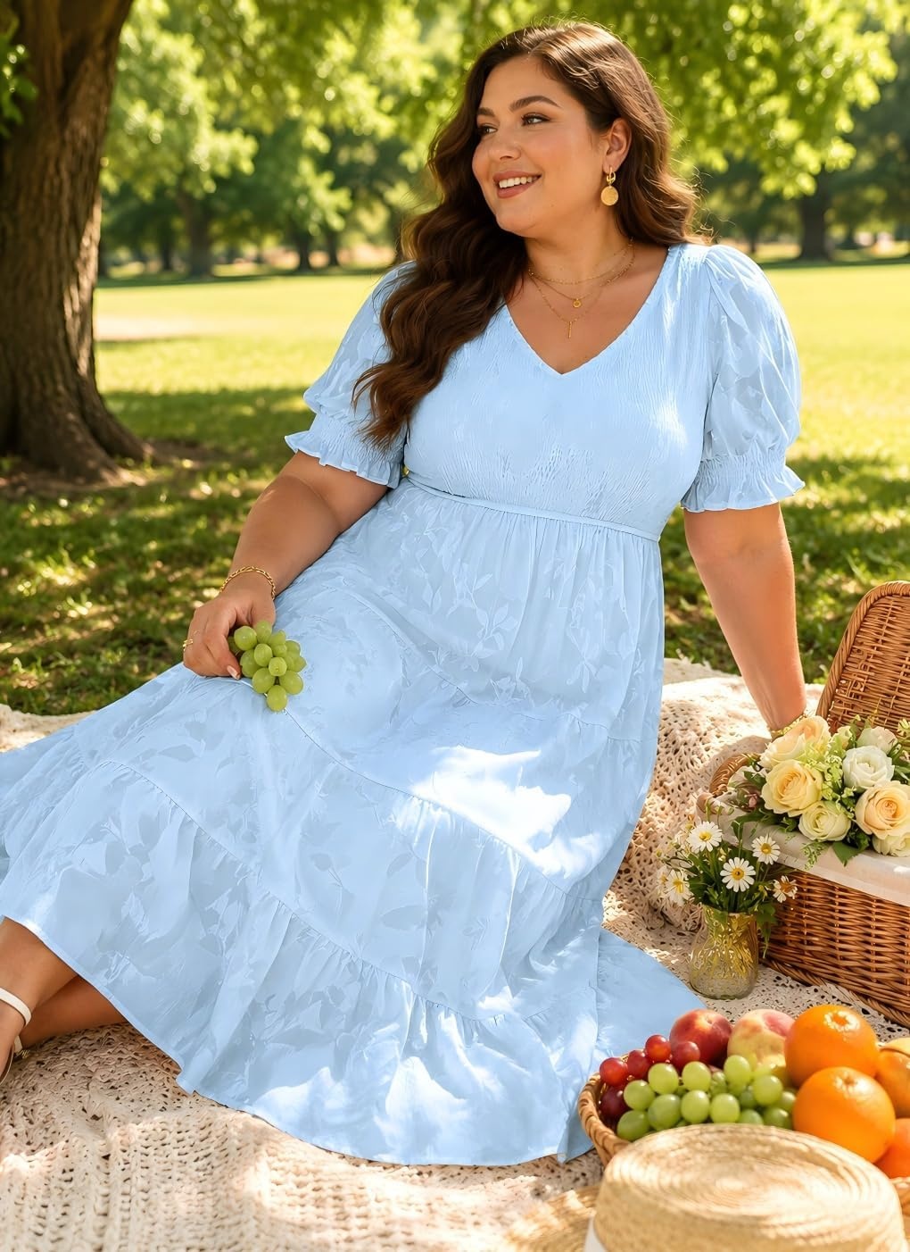 Plus Size Wedding Guest Dress – V Neck Floral Smocked Puff Sleeve Summer Fall A Line Tiered Flowy Midi Dresses 2025(Light Blue)