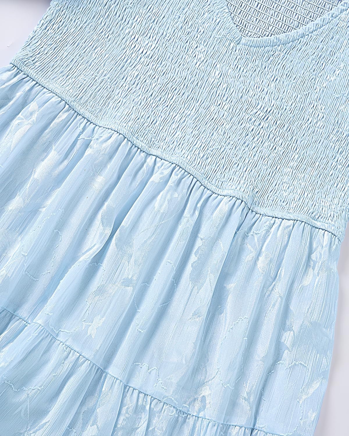 Plus Size Wedding Guest Dress – V Neck Floral Smocked Puff Sleeve Summer Fall A Line Tiered Flowy Midi Dresses 2025(Light Blue)