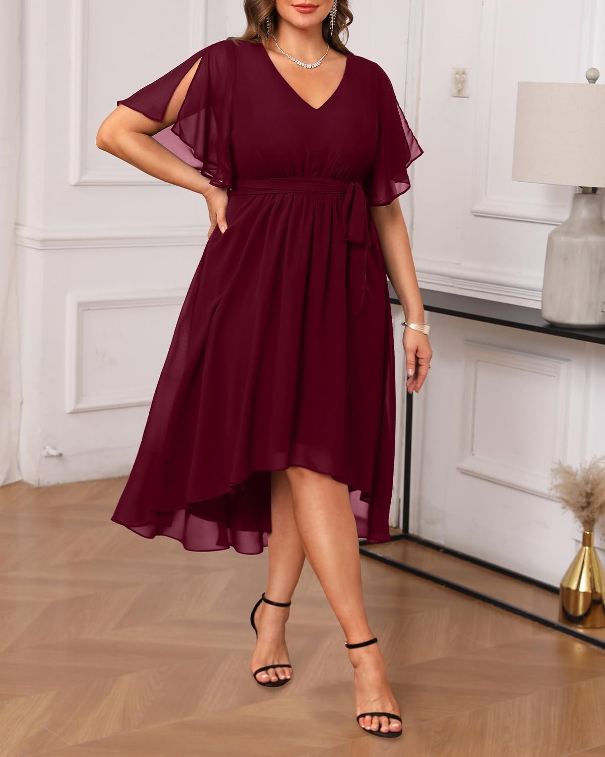 Talisea Plus Size Dresses Wedding Guest – Formal Cocktail Chiffon V Neck Short Sleeve High Low Dress Curvy Women(Wine Red)