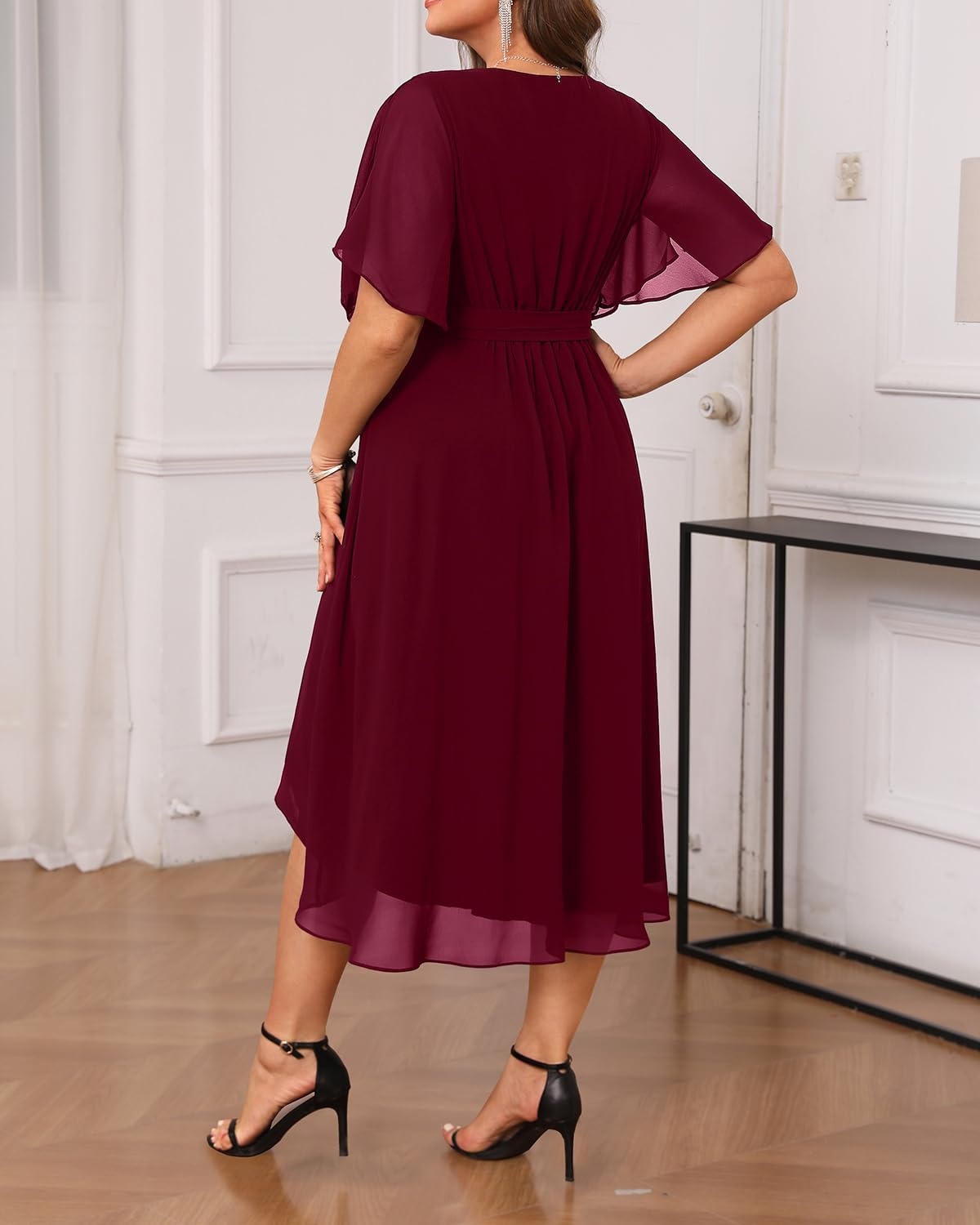 Talisea Plus Size Dresses Wedding Guest – Formal Cocktail Chiffon V Neck Short Sleeve High Low Dress Curvy Women(Wine Red)