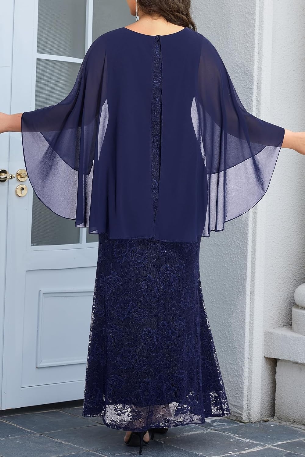 Plus Size V Neck Chiffon Cape Ruffle Sleeve Mermaid Formal Dress | V neck / chiffon capelet / ruffle sleeves / lace bodice / mermaid maxi / formal evening gown / curve flattering fit(Navy Blue)