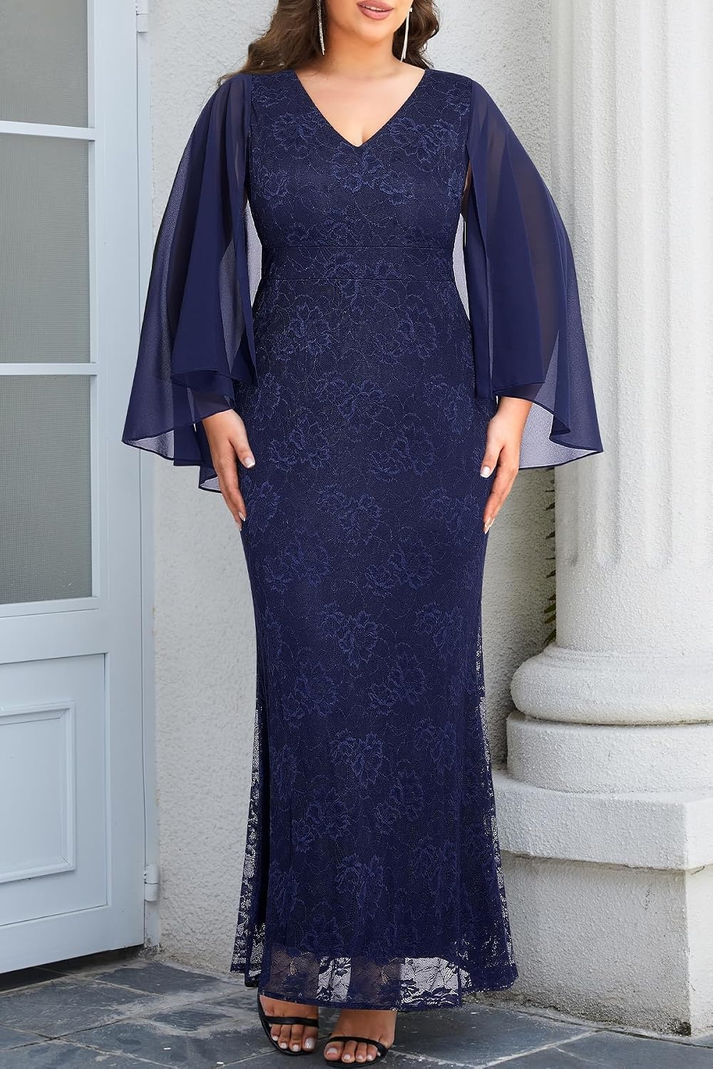 Plus Size V Neck Chiffon Cape Ruffle Sleeve Mermaid Formal Dress | V neck / chiffon capelet / ruffle sleeves / lace bodice / mermaid maxi / formal evening gown / curve flattering fit(Navy Blue)