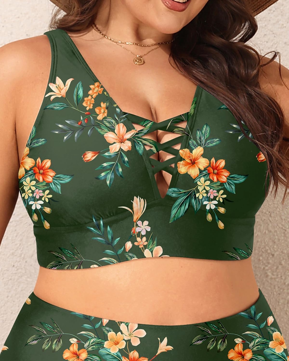 Plus Size Bikini Top Only – Women Swim Bra Lace Up Swimsuit Top V Neck Bathing Suit Tops for Large Bust Swimwear 2025(Green Floral)