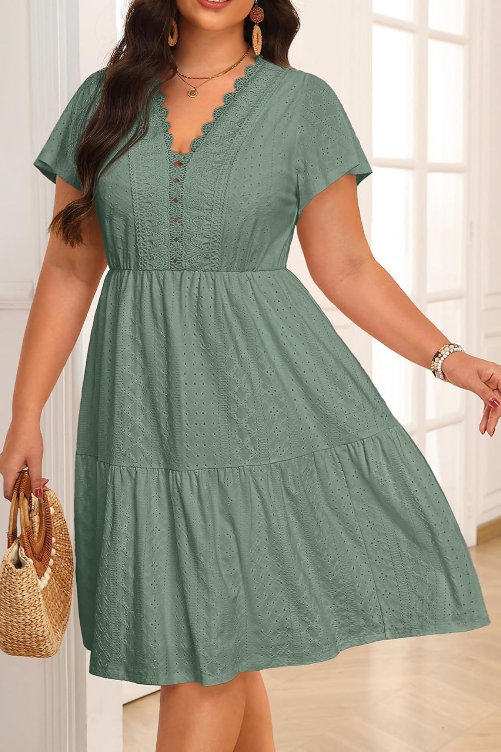 Plus Size Summer Dress – Casual Boho Sundress Eyelet Lace V Neck Short Sleeve Tiered A-Line Midi Flowy Sun Dresses Women(Sage Green Eyelet)