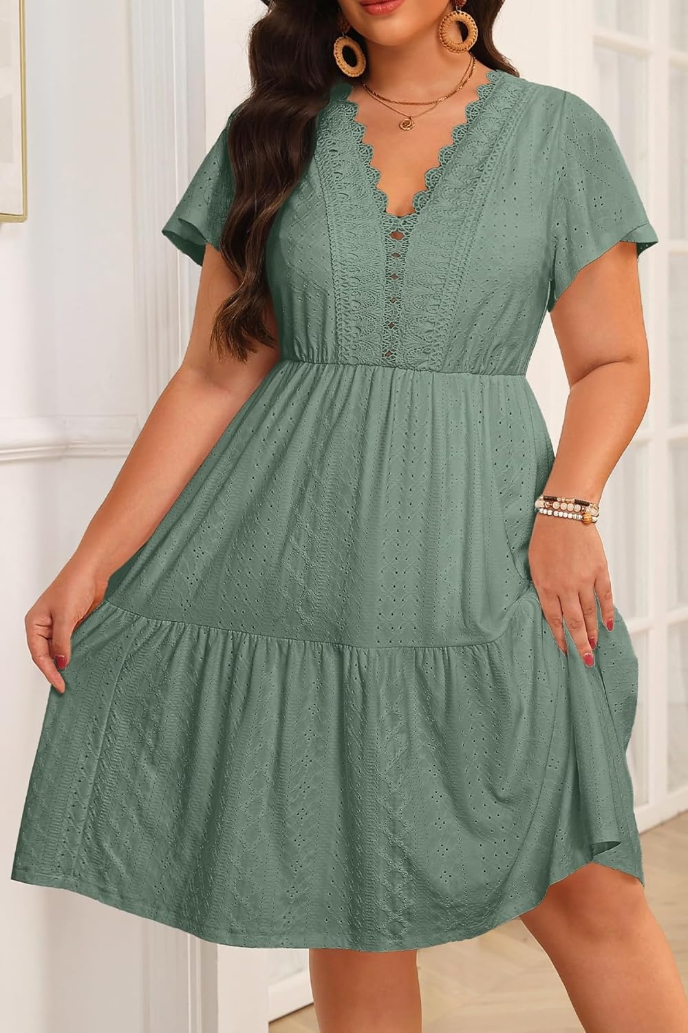 Plus Size Summer Dress – Casual Boho Sundress Eyelet Lace V Neck Short Sleeve Tiered A-Line Midi Flowy Sun Dresses Women(Sage Green Eyelet)