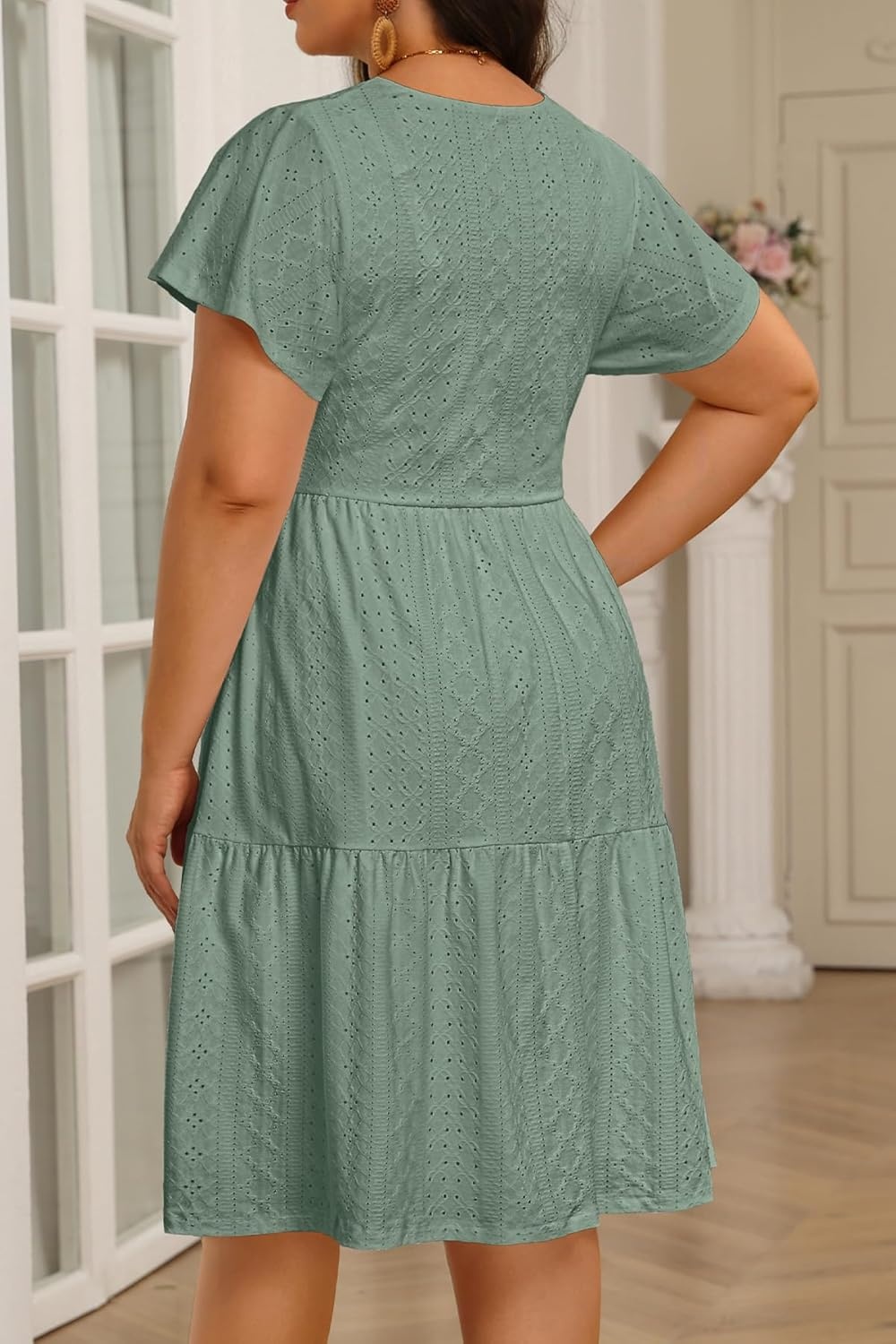 Plus Size Summer Dress – Casual Boho Sundress Eyelet Lace V Neck Short Sleeve Tiered A-Line Midi Flowy Sun Dresses Women(Sage Green Eyelet)