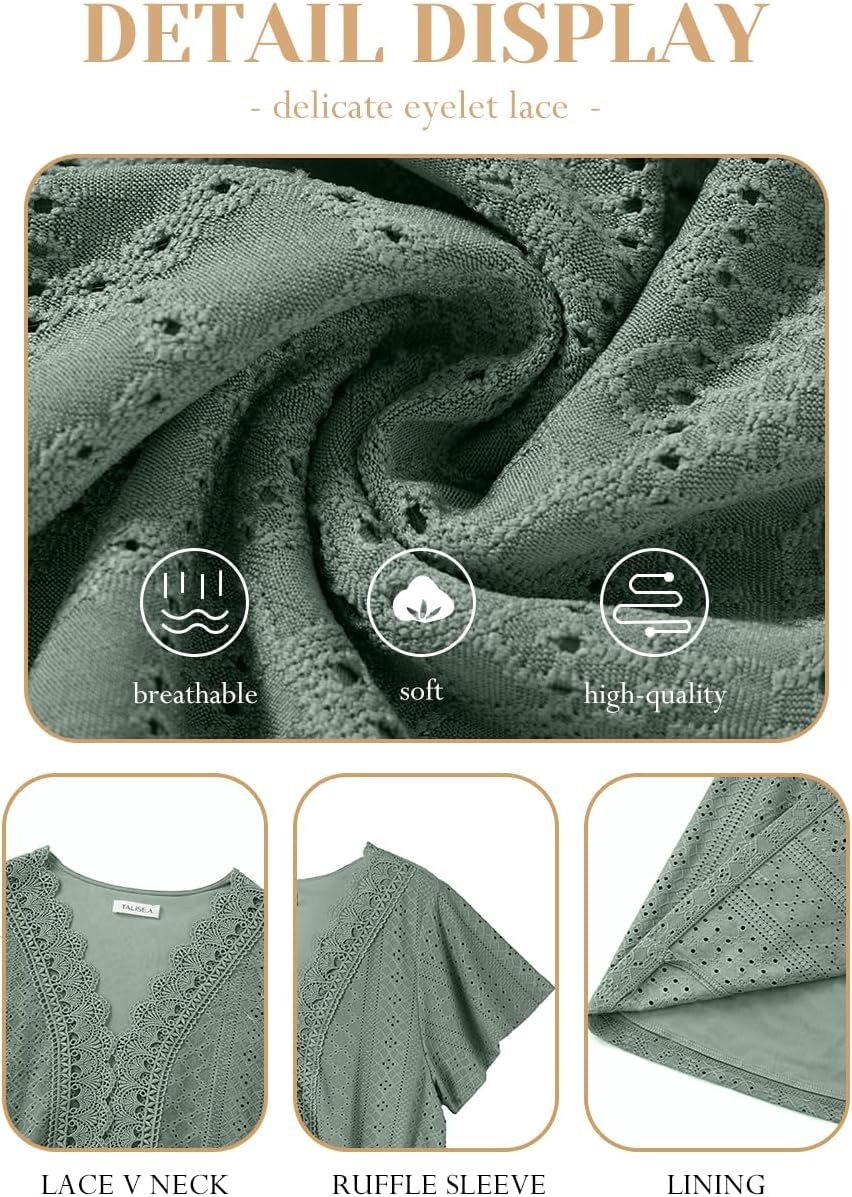 Plus Size Summer Dress – Casual Boho Sundress Eyelet Lace V Neck Short Sleeve Tiered A-Line Midi Flowy Sun Dresses Women(Sage Green Eyelet)