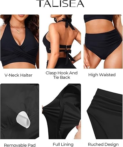 Talisea High Waisted Bikini Set for Women Two Piece Tummy Control Swimsuit Halter Push Up Bathing Suits with Twist Front Top(Black)