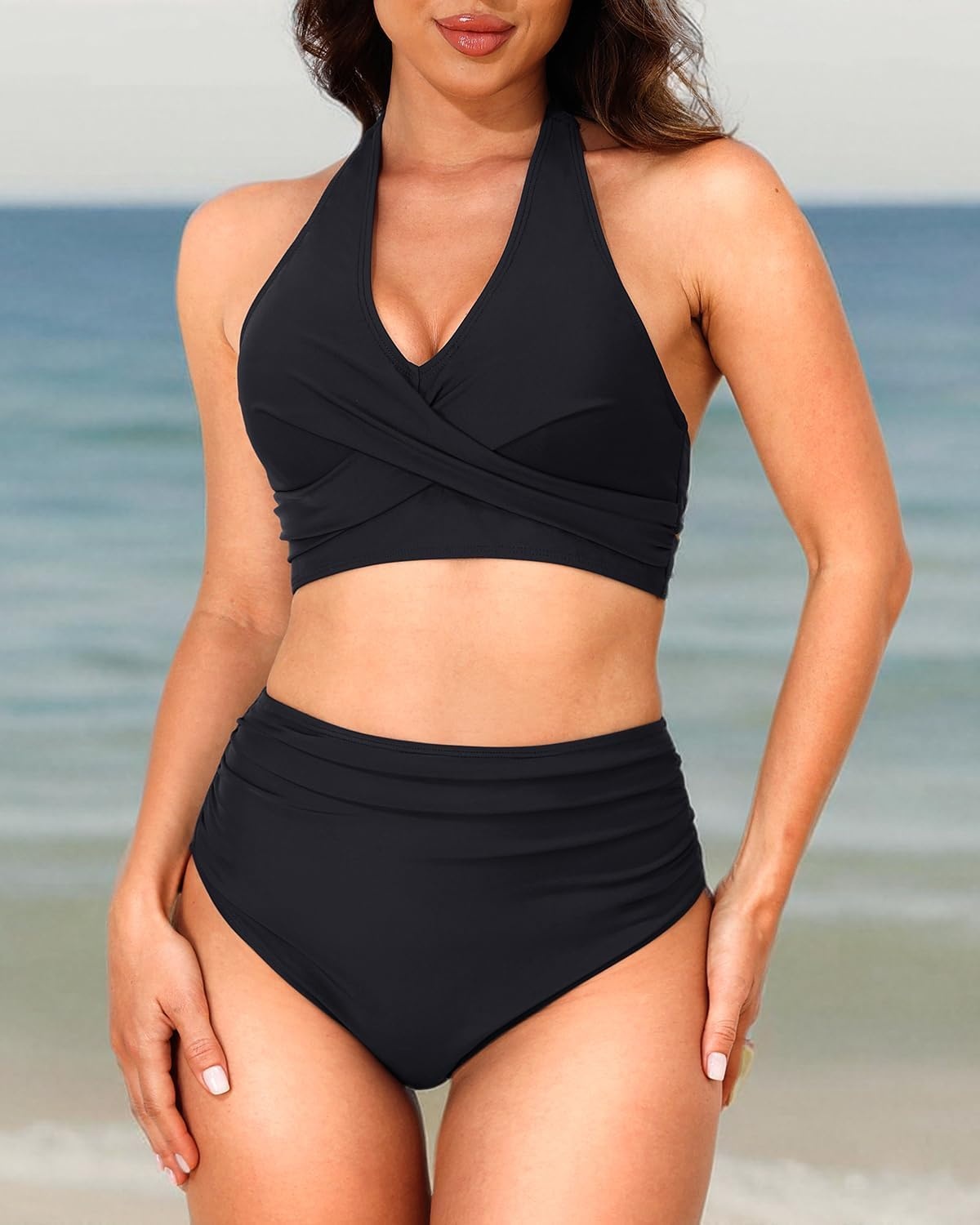 Talisea High Waisted Bikini Set for Women Two Piece Tummy Control Swimsuit Halter Push Up Bathing Suits with Twist Front Top(Black)