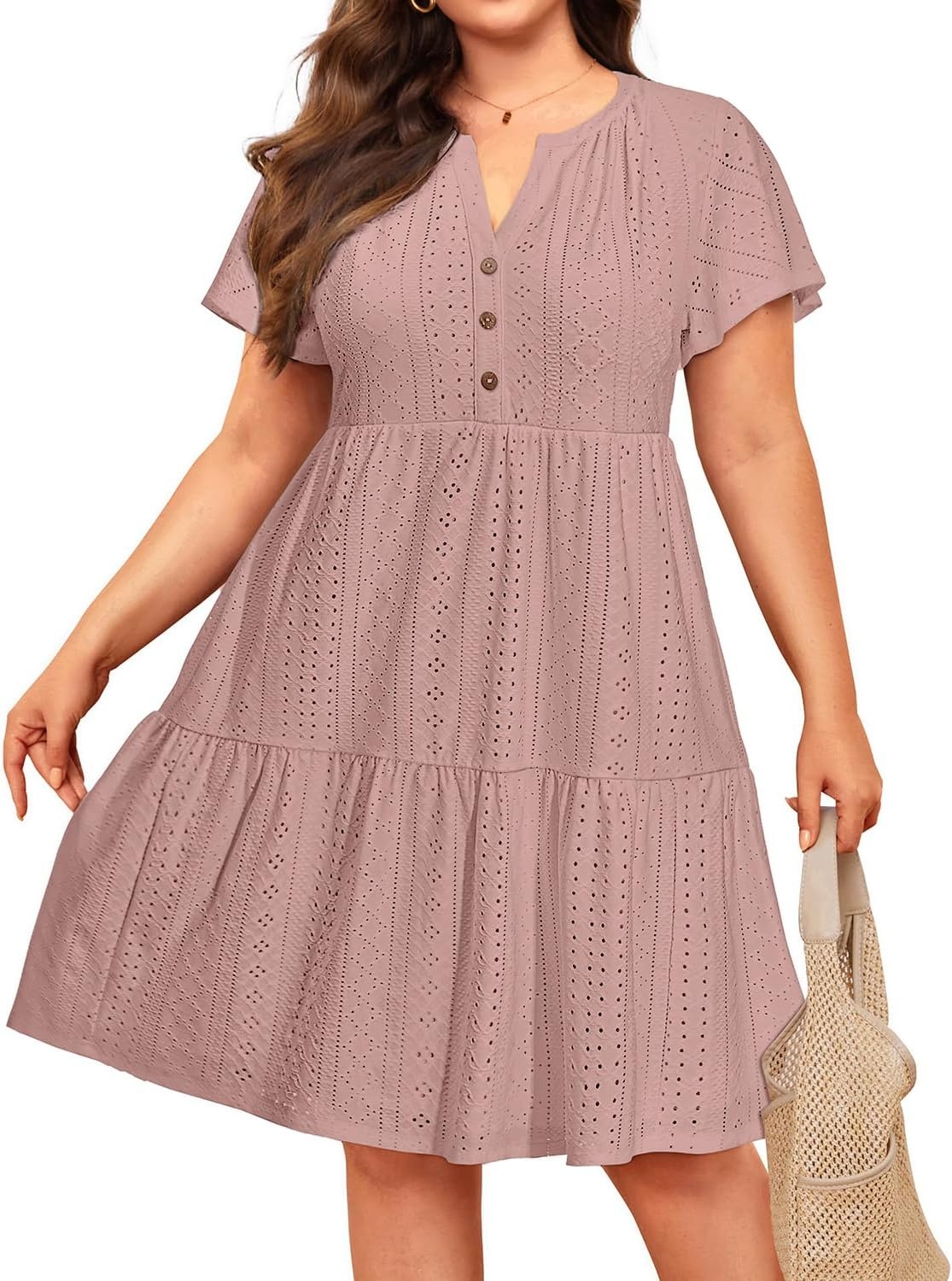 Plus Size Summer Dress Casual Short Sleeve Button Midi Sun Dresses Women(Gray Pink Eyelet)