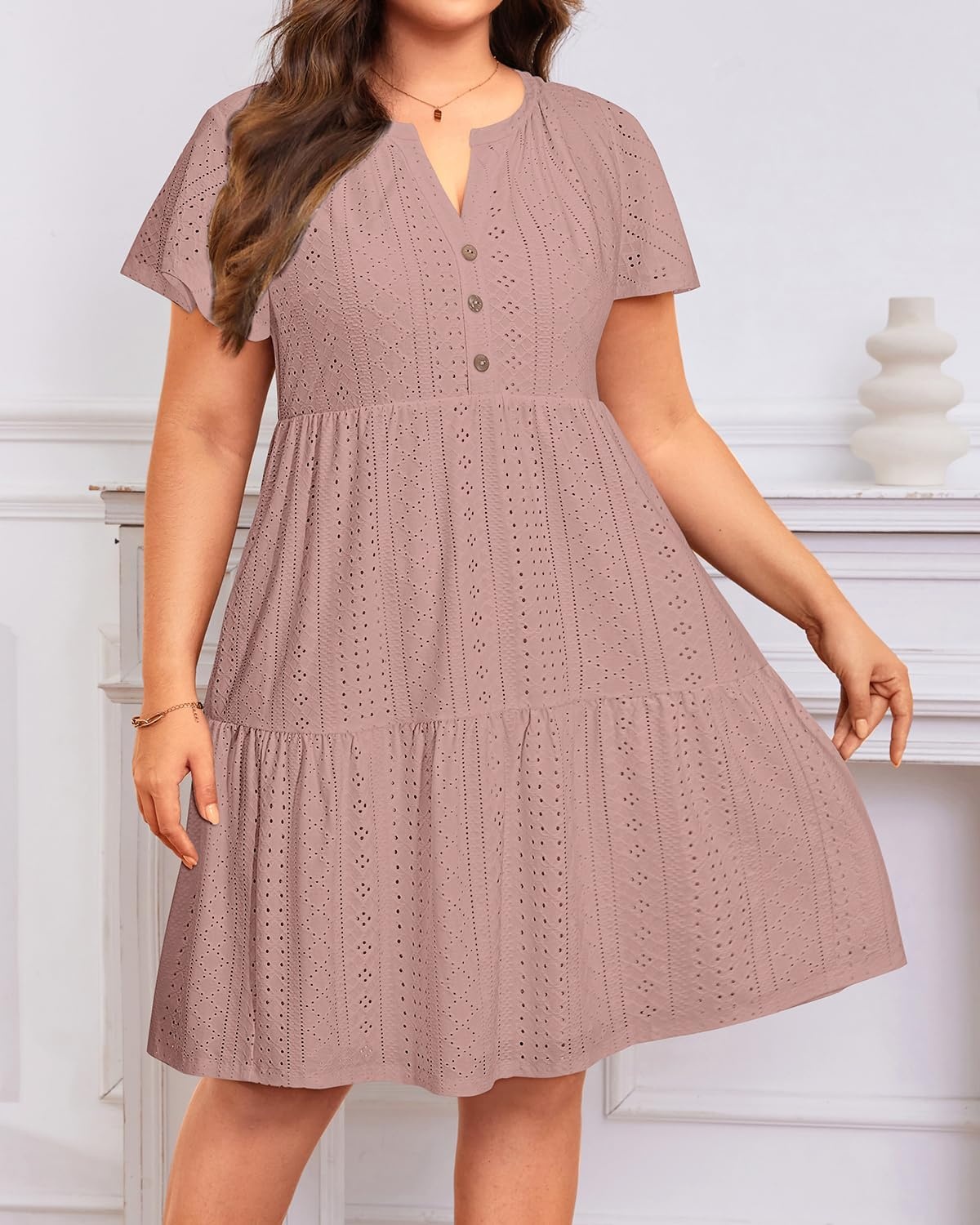 Plus Size Summer Dress Casual Short Sleeve Button Midi Sun Dresses Women(Gray Pink Eyelet)