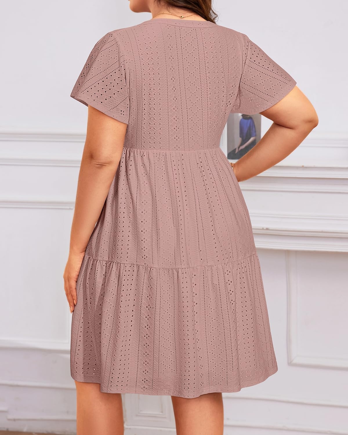 Plus Size Summer Dress Casual Short Sleeve Button Midi Sun Dresses Women(Gray Pink Eyelet)