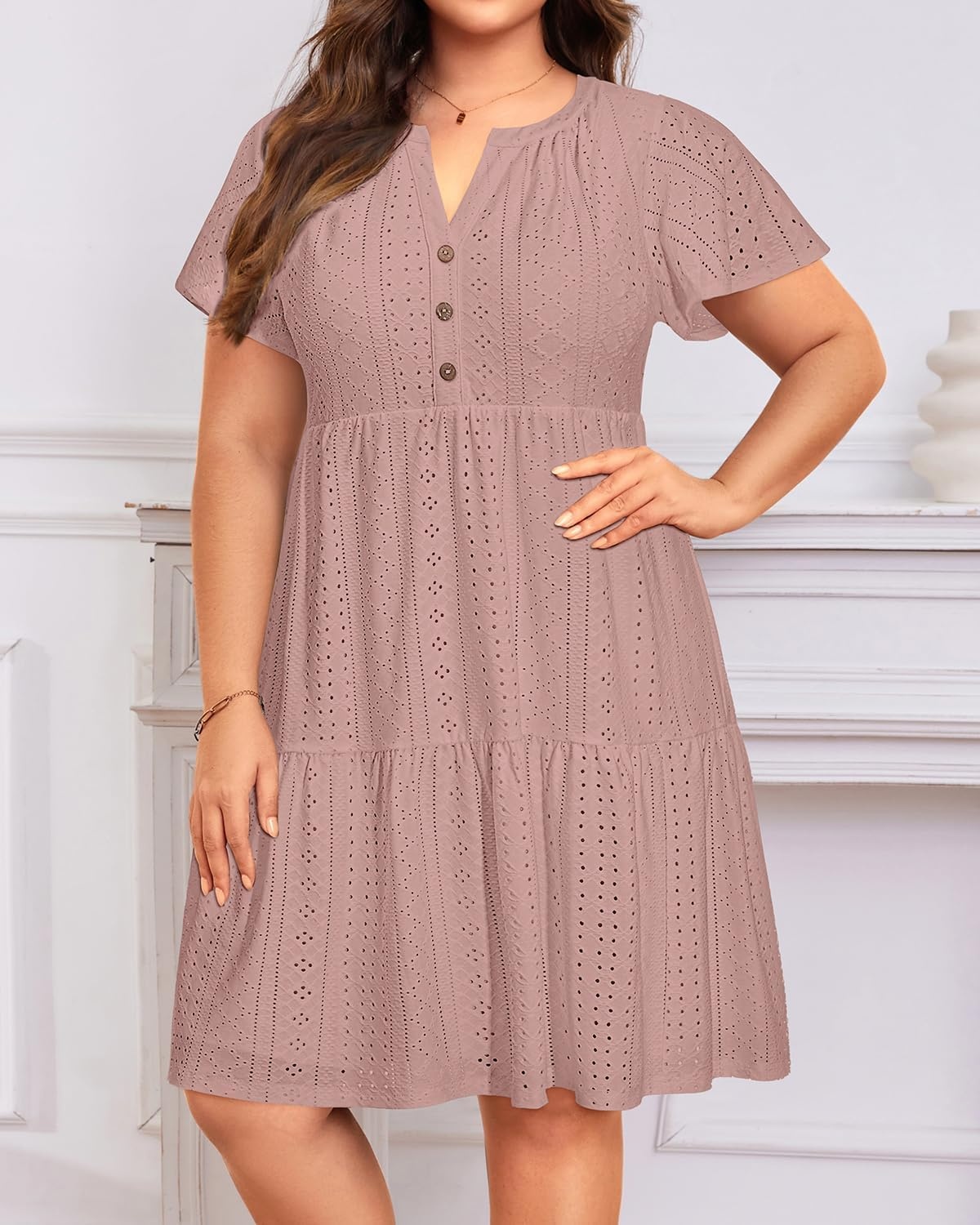 Plus Size Summer Dress Casual Short Sleeve Button Midi Sun Dresses Women(Gray Pink Eyelet)