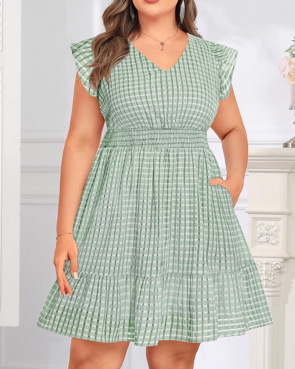 Talisea Women’s Plus Size Summer Dress – Casual V-Neck Flutter Sleeves A-Line Short Sun Dress with Pockets for Beach Vacation(Green)