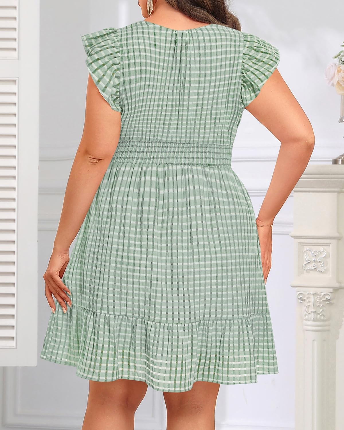 Talisea Women’s Plus Size Summer Dress – Casual V-Neck Flutter Sleeves A-Line Short Sun Dress with Pockets for Beach Vacation(Green)