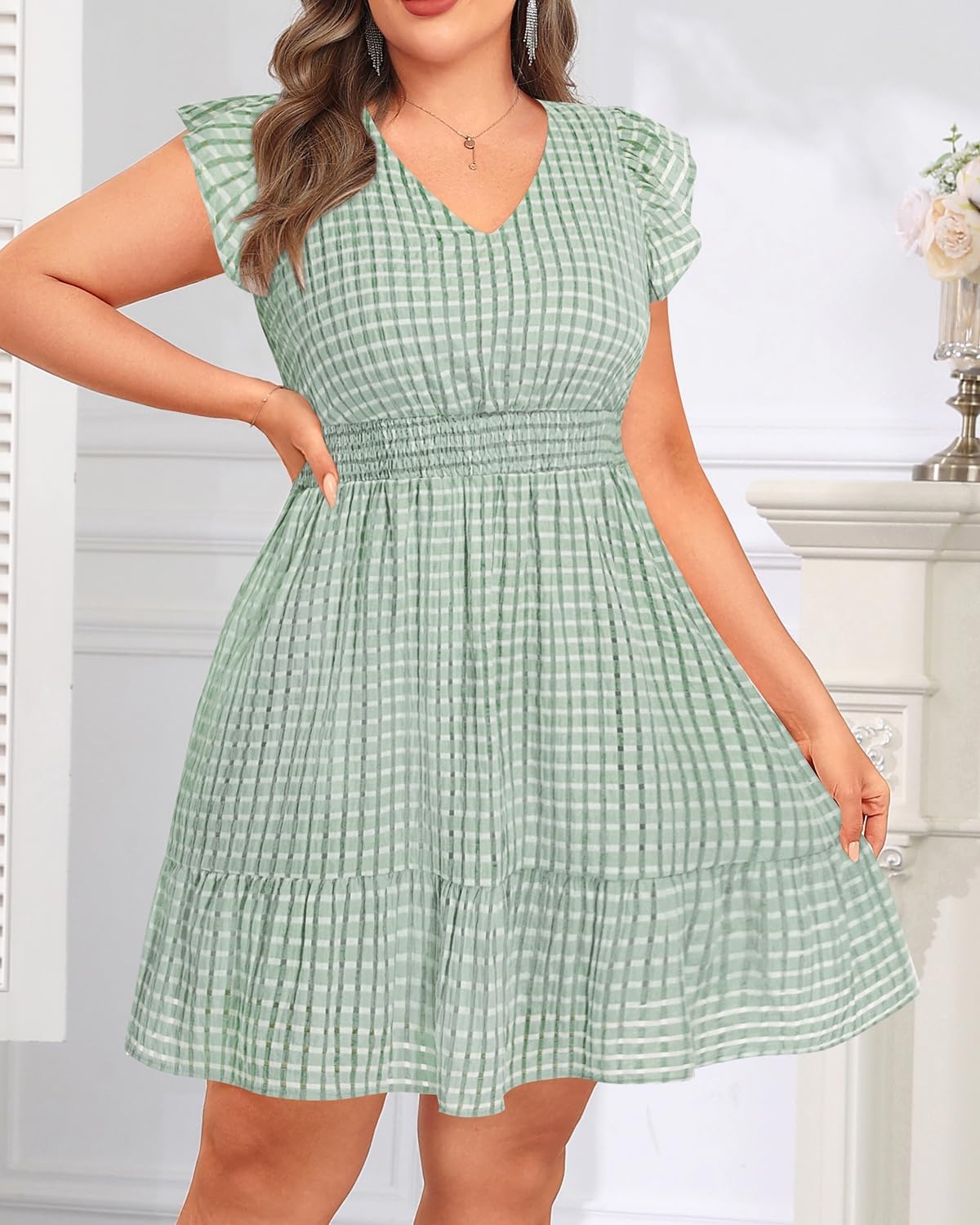 Talisea Women’s Plus Size Summer Dress – Casual V-Neck Flutter Sleeves A-Line Short Sun Dress with Pockets for Beach Vacation(Green)